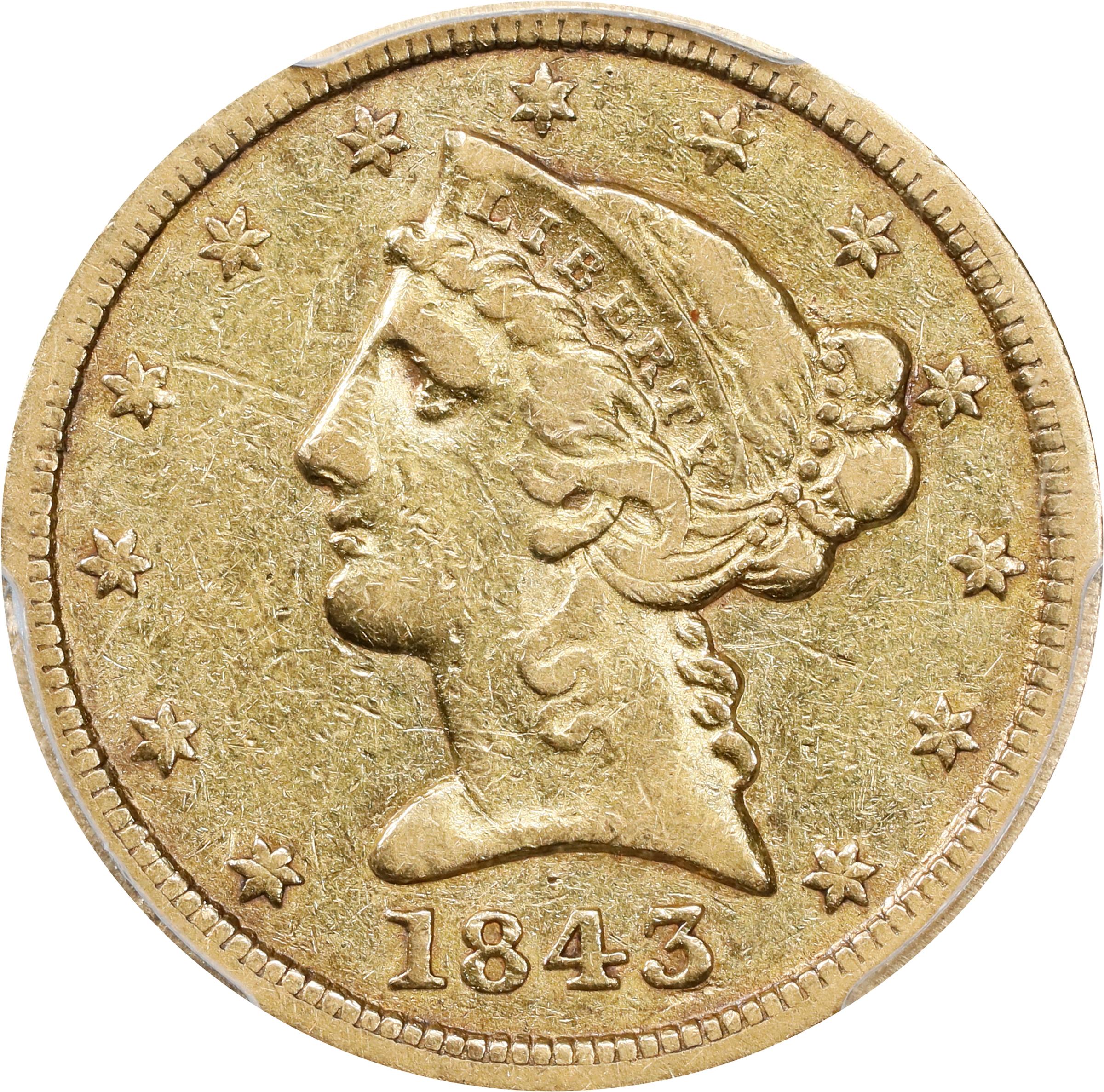 image for: 1843-D Liberty Head Half Eagle. Winter 9-F. Small D. EF-40 (PCGS).