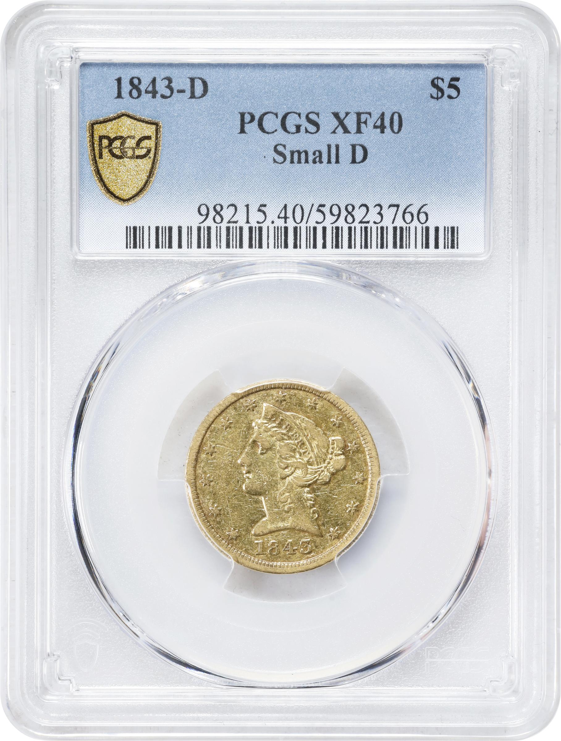 image for: 1843-D Liberty Head Half Eagle. Winter 9-F. Small D. EF-40 (PCGS).