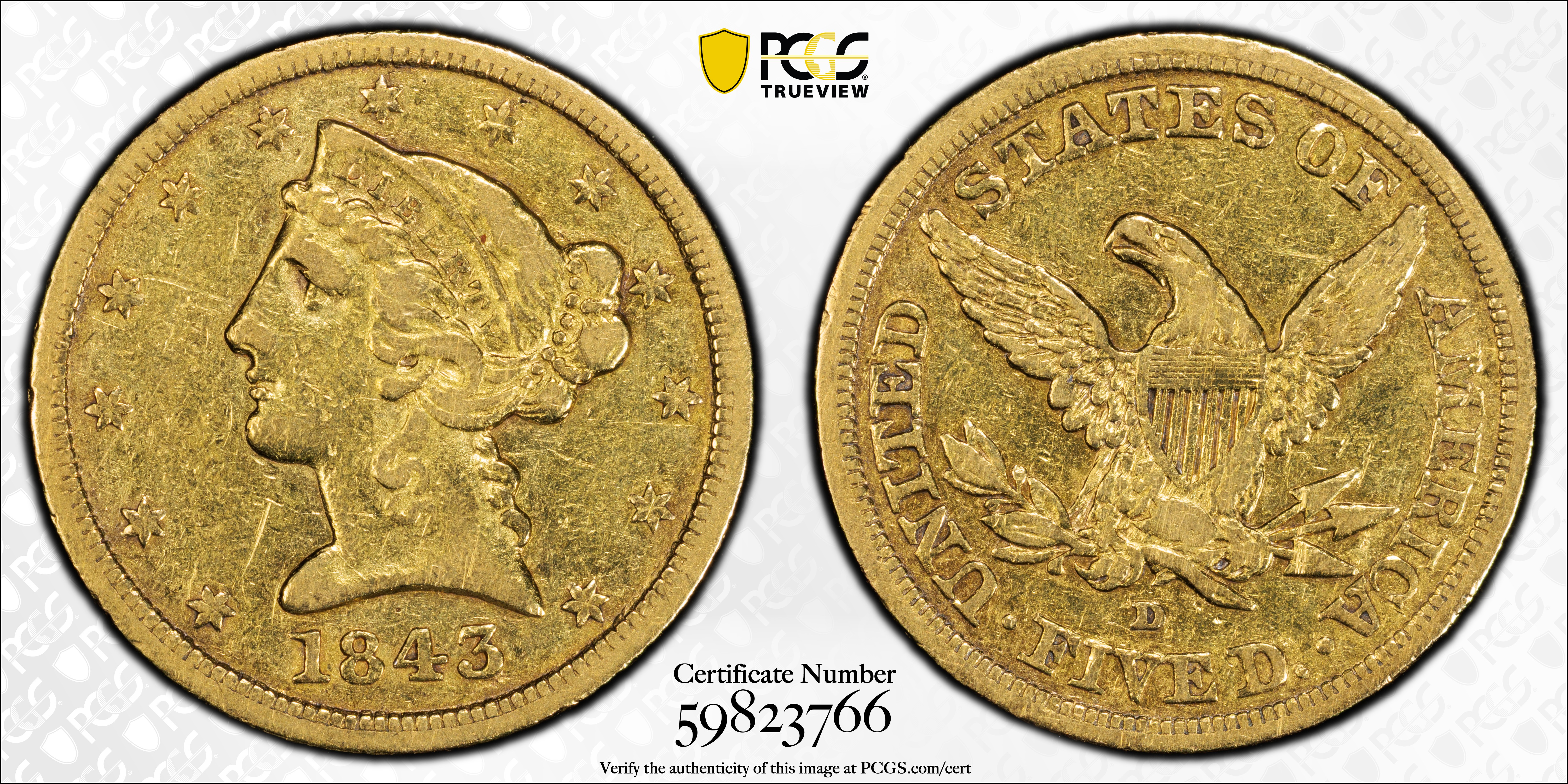 image for: 1843-D Liberty Head Half Eagle. Winter 9-F. Small D. EF-40 (PCGS).