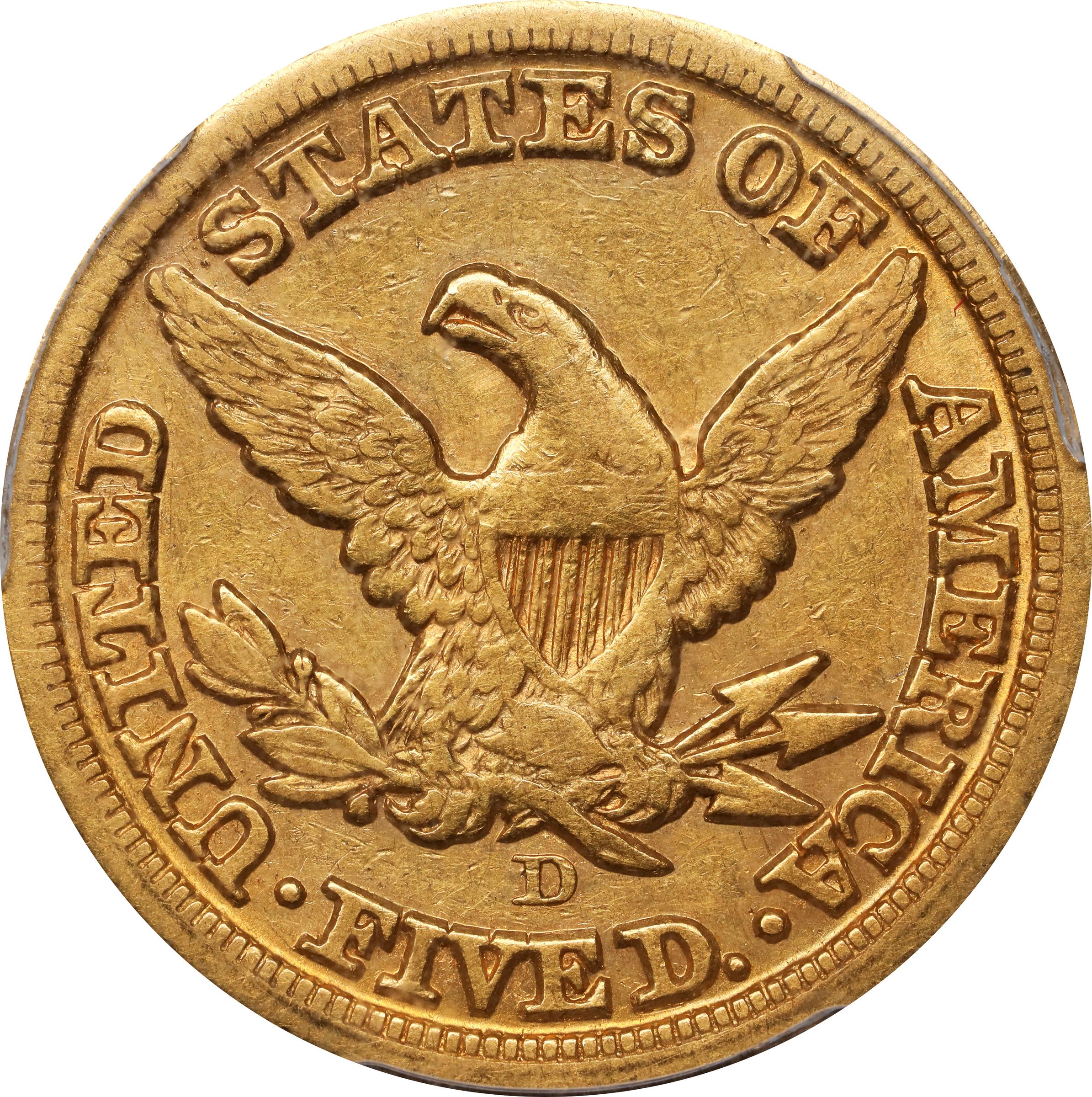 image for: 1855-D Liberty Head Half Eagle. Winter 38-CC. Medium D. VF-35 (PCGS).