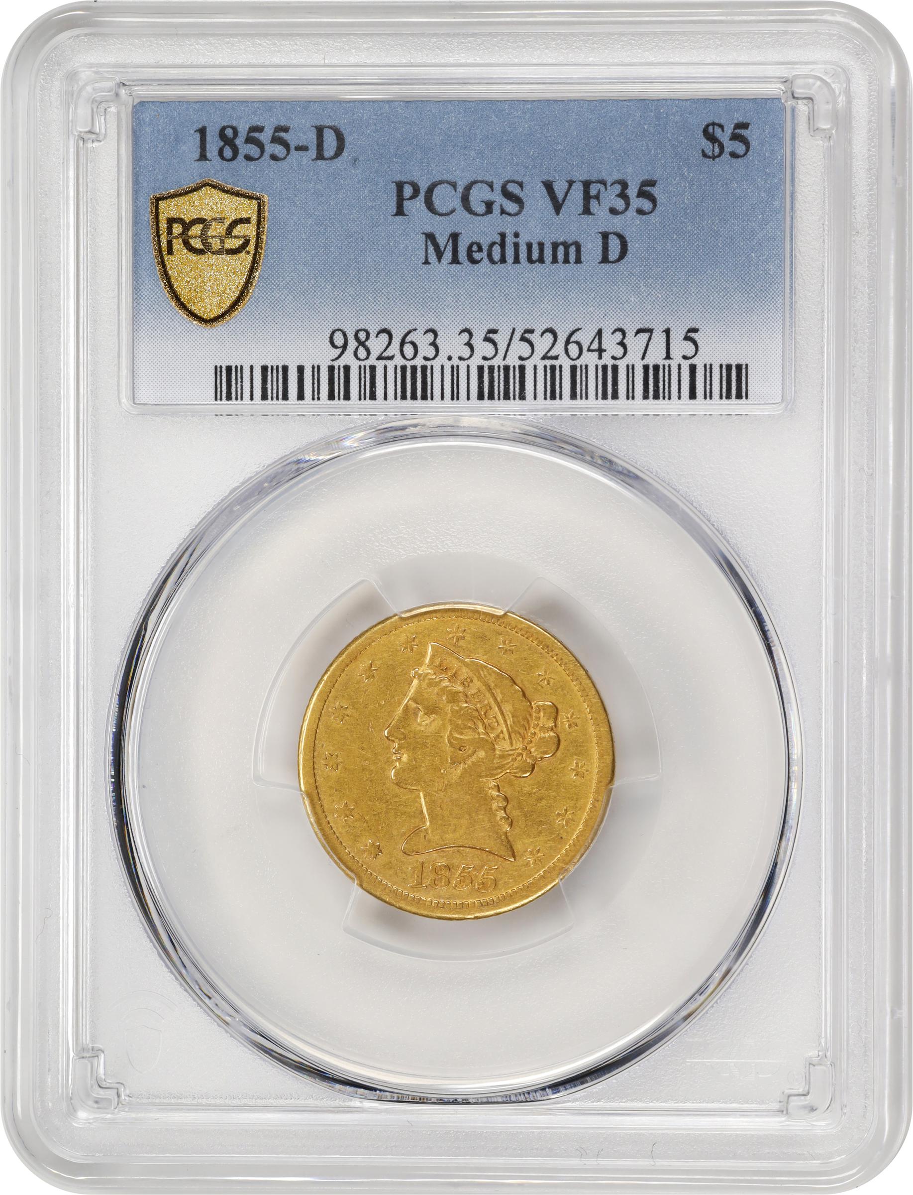 image for: 1855-D Liberty Head Half Eagle. Winter 38-CC. Medium D. VF-35 (PCGS).