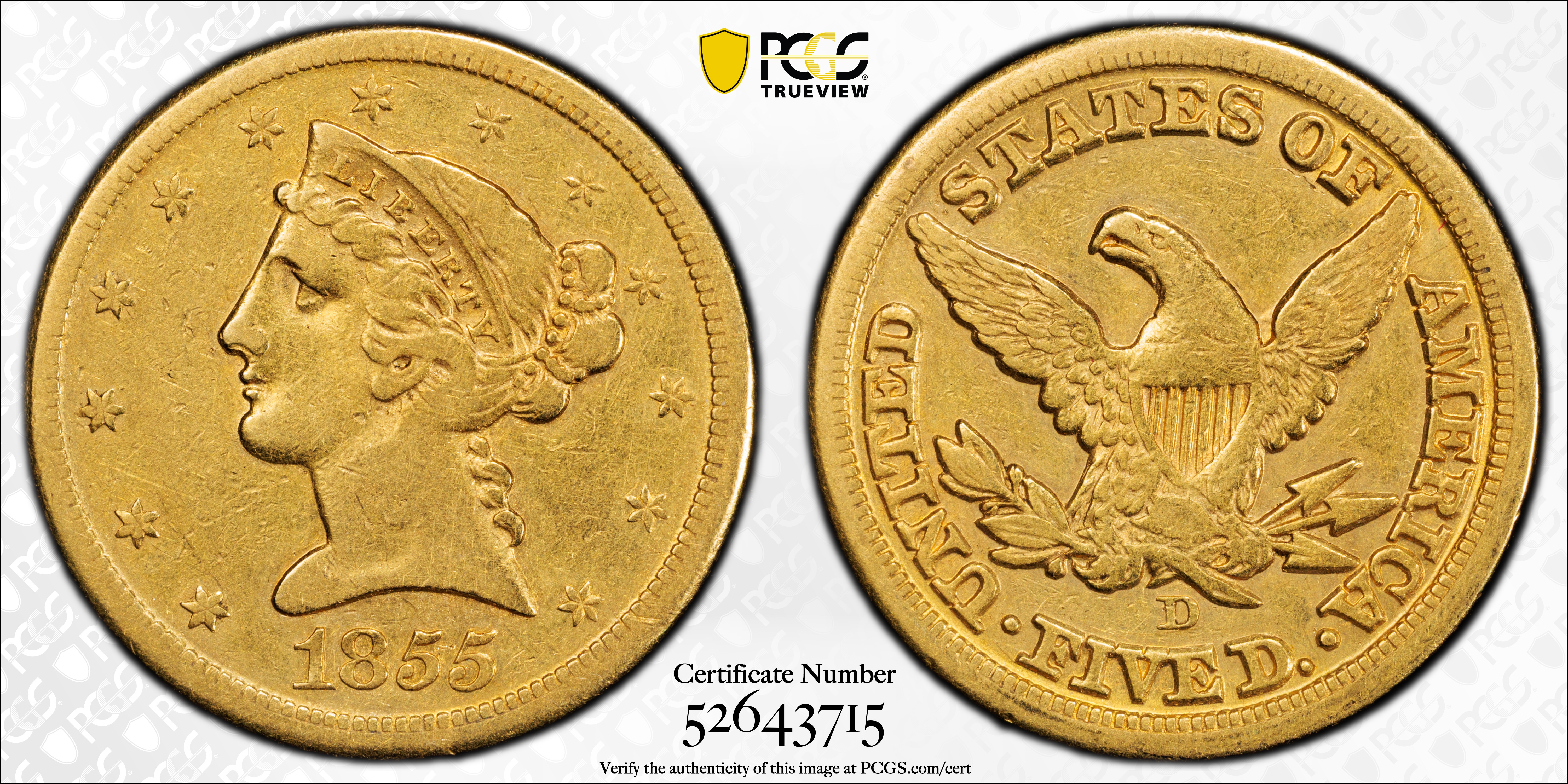 image for: 1855-D Liberty Head Half Eagle. Winter 38-CC. Medium D. VF-35 (PCGS).