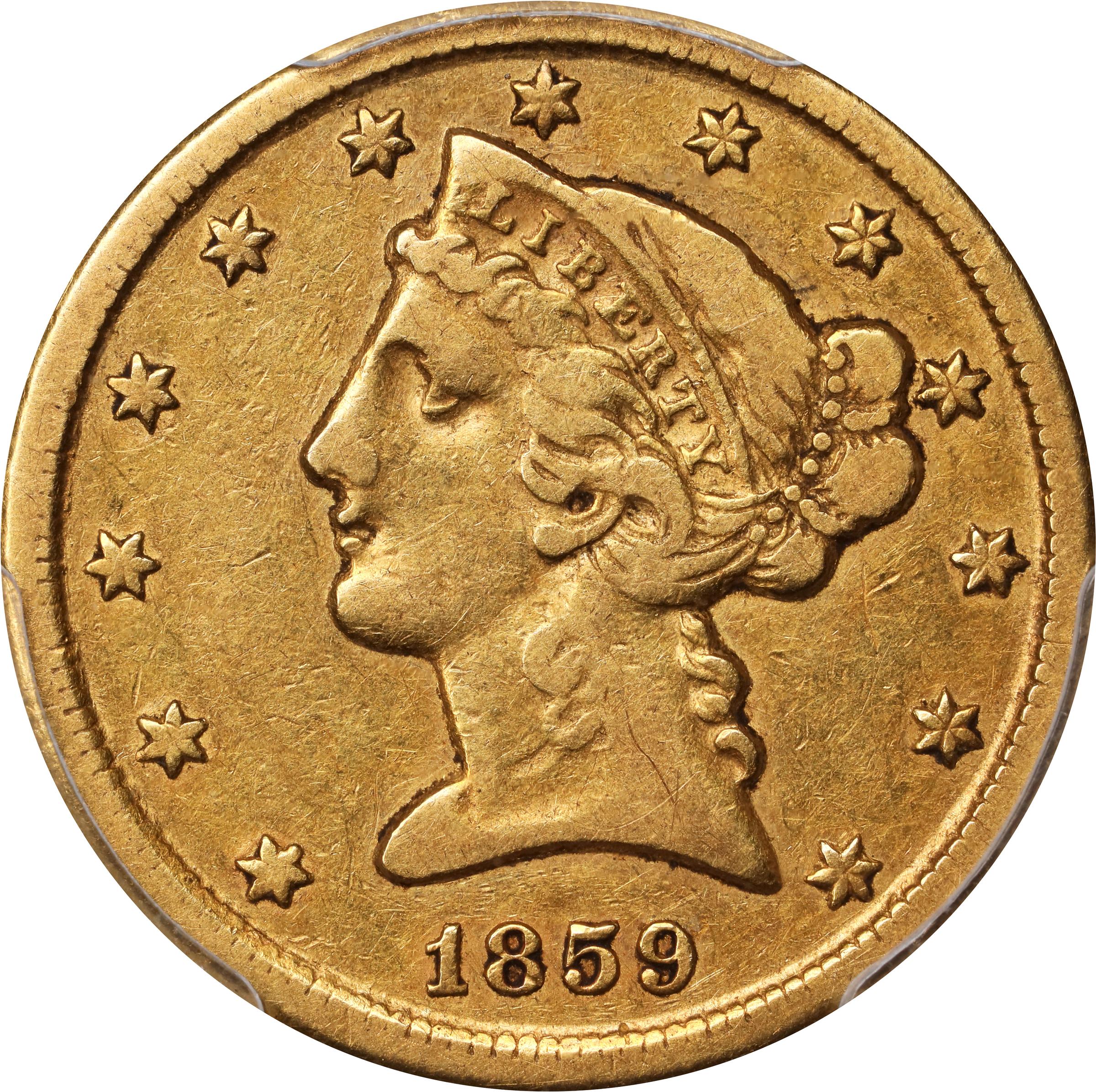 image for: 1859-D Liberty Head Half Eagle. Winter 45-EE. Large D. EF-40 (PCGS).