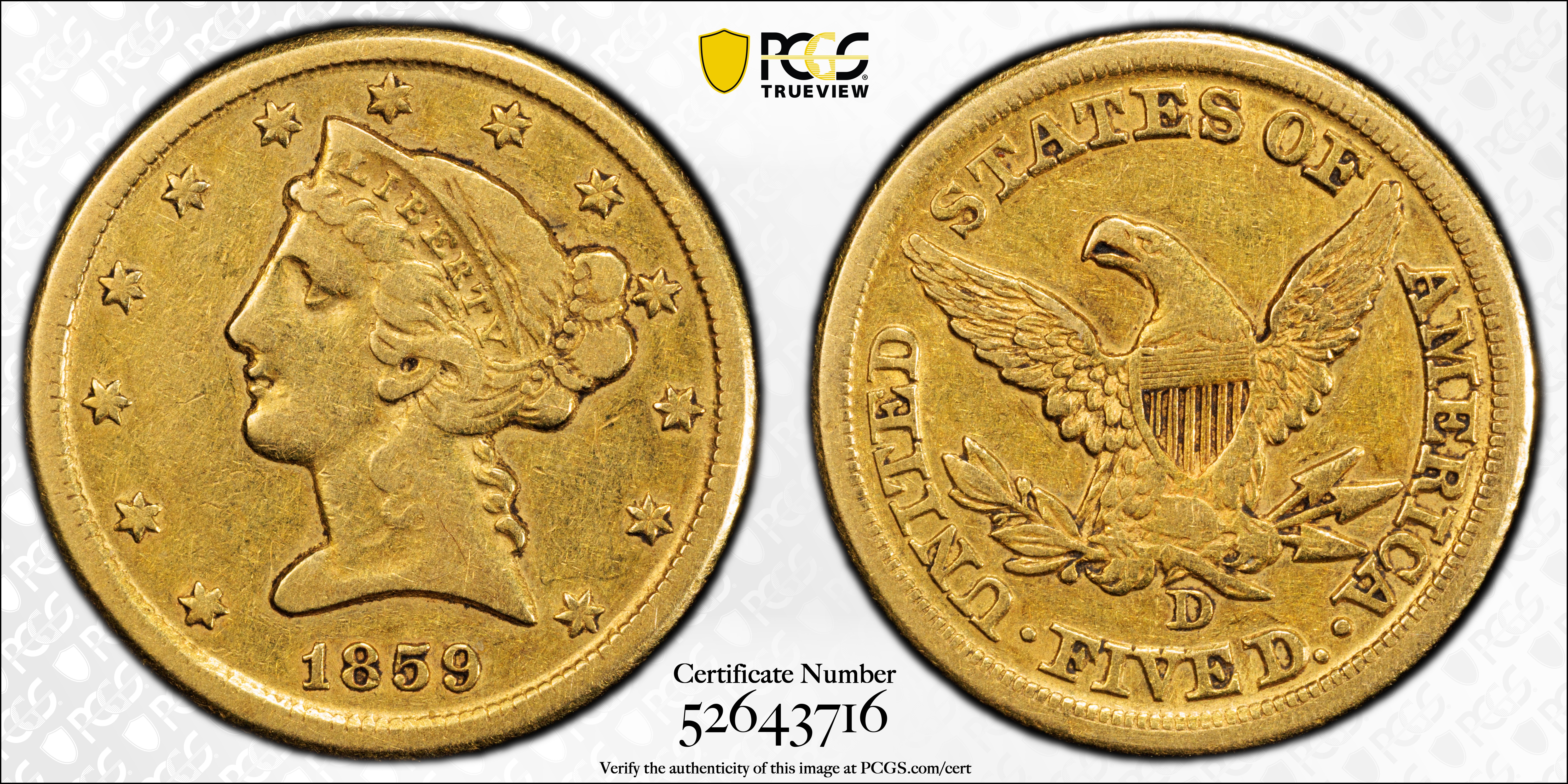 image for: 1859-D Liberty Head Half Eagle. Winter 45-EE. Large D. EF-40 (PCGS).