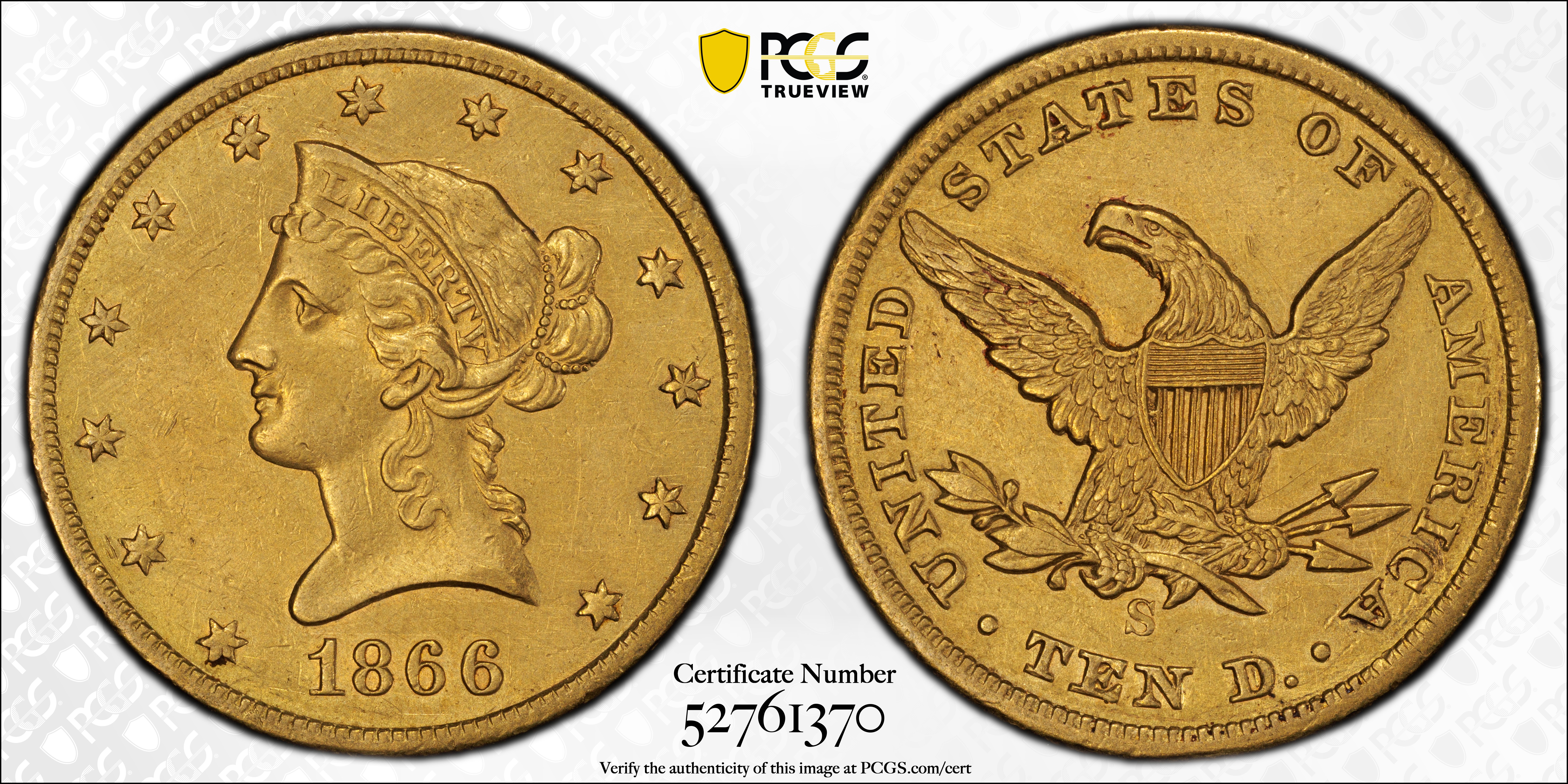 image for: 1866-S Liberty Head Eagle. No Motto. AU Details--Harshly Cleaned (PCGS).