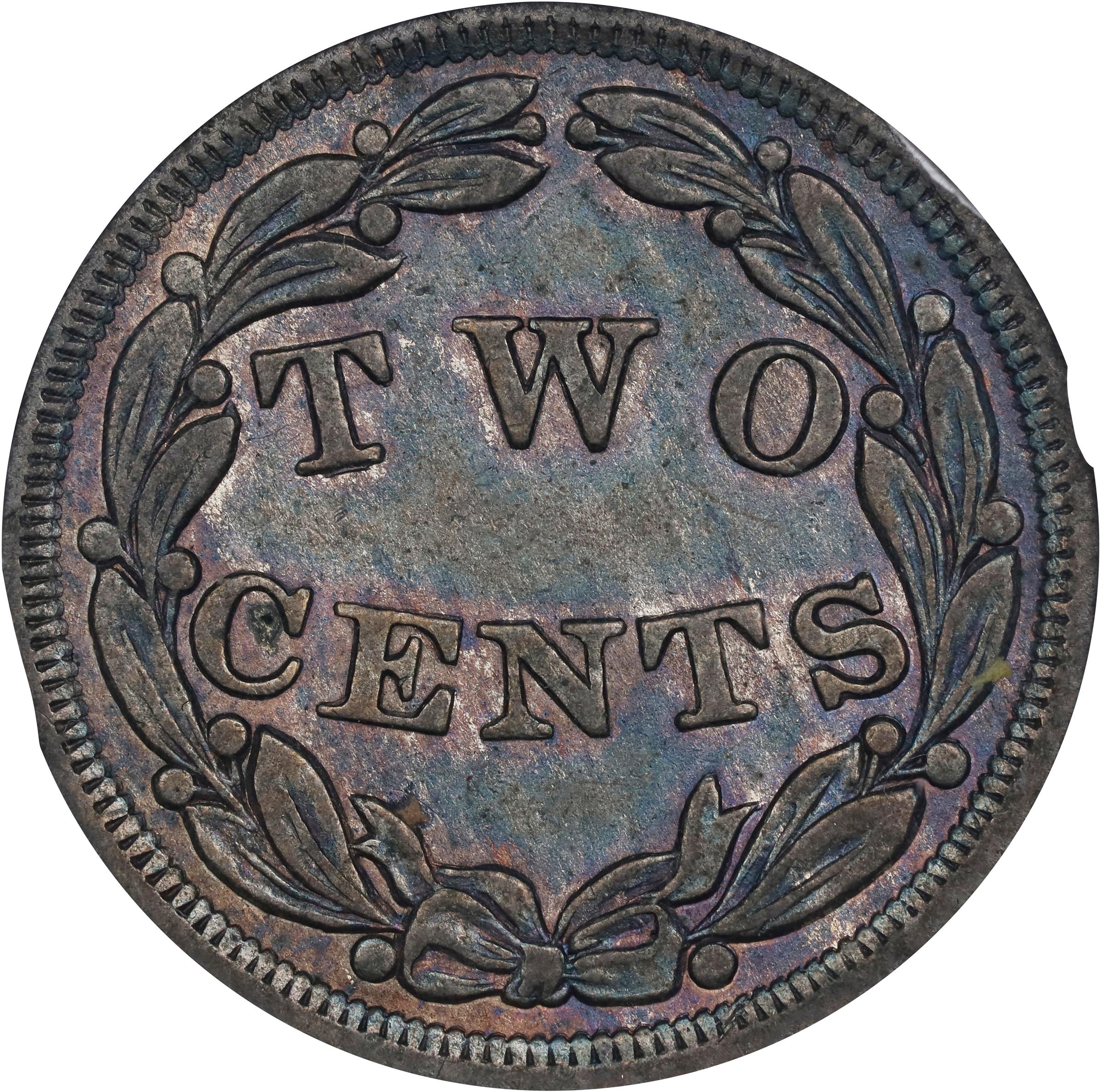 image for: 1836 Pattern Two Cents. Judd-53, Pollock-54. Rarity-6-. Billon. Reeded Edge. AU-58 (NGC).