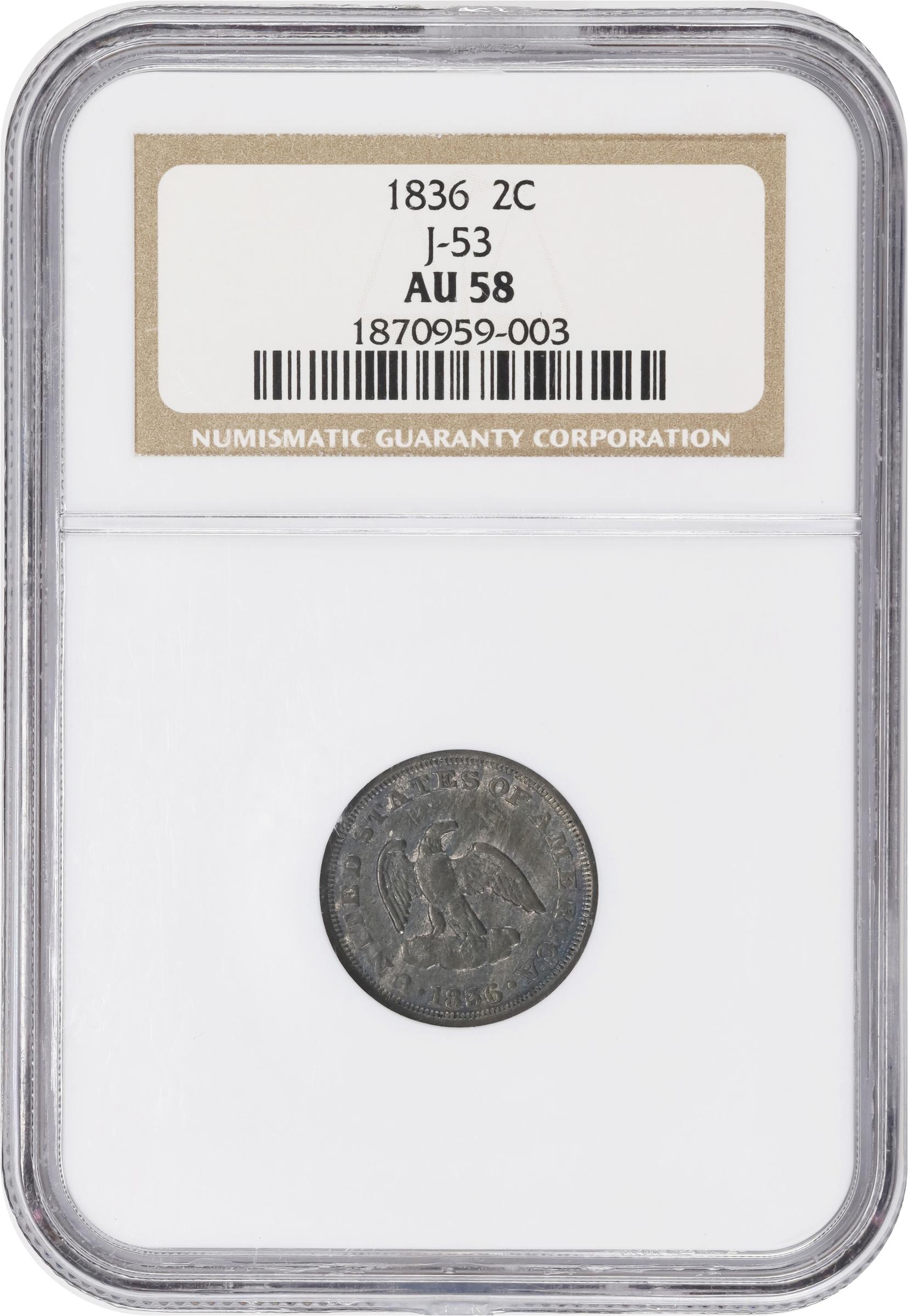 image for: 1836 Pattern Two Cents. Judd-53, Pollock-54. Rarity-6-. Billon. Reeded Edge. AU-58 (NGC).