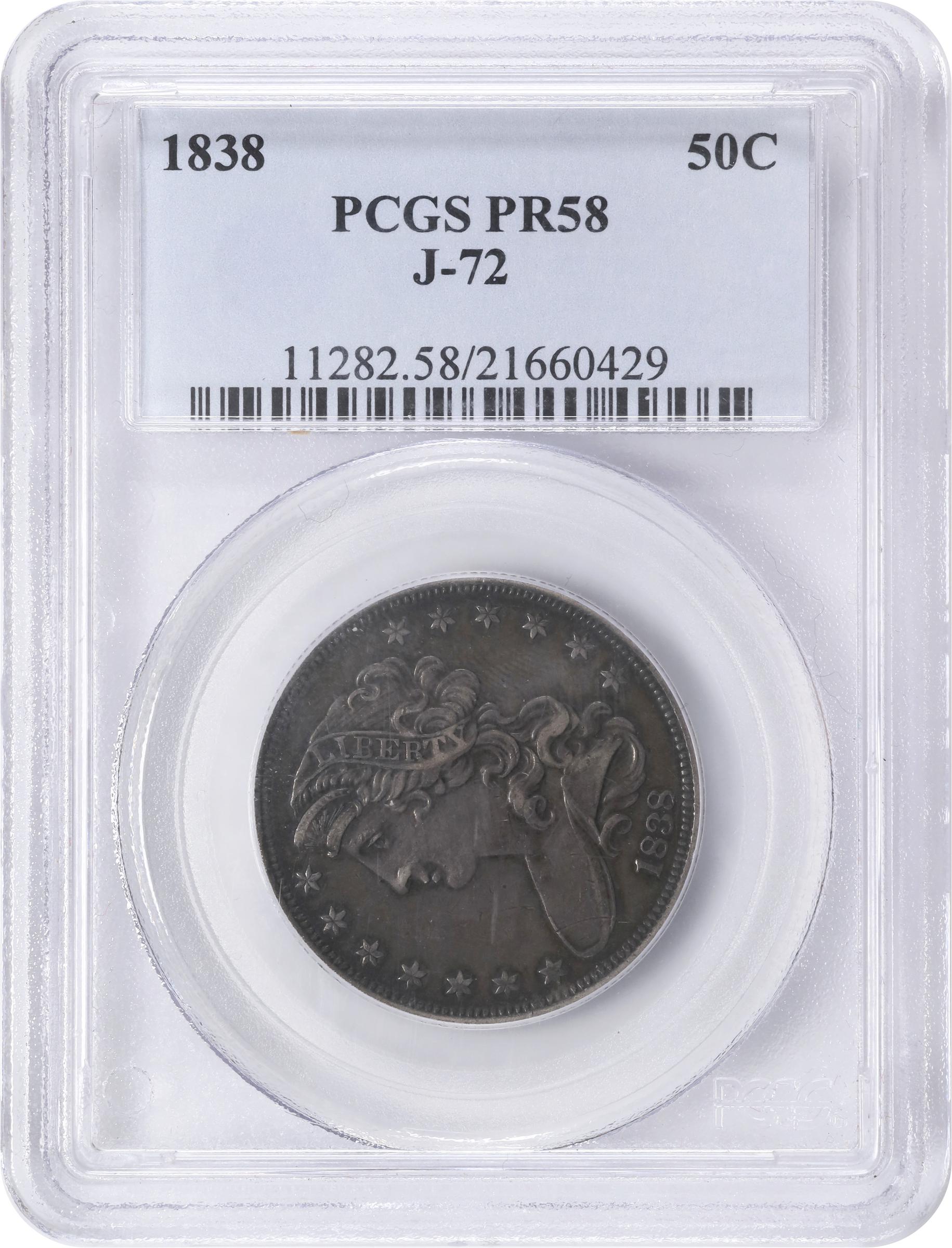 image for: 1838 Pattern Half Dollar. Judd-72, Pollock-75. Rarity-5. Silver. Reeded Edge. Proof-58 (PCGS).