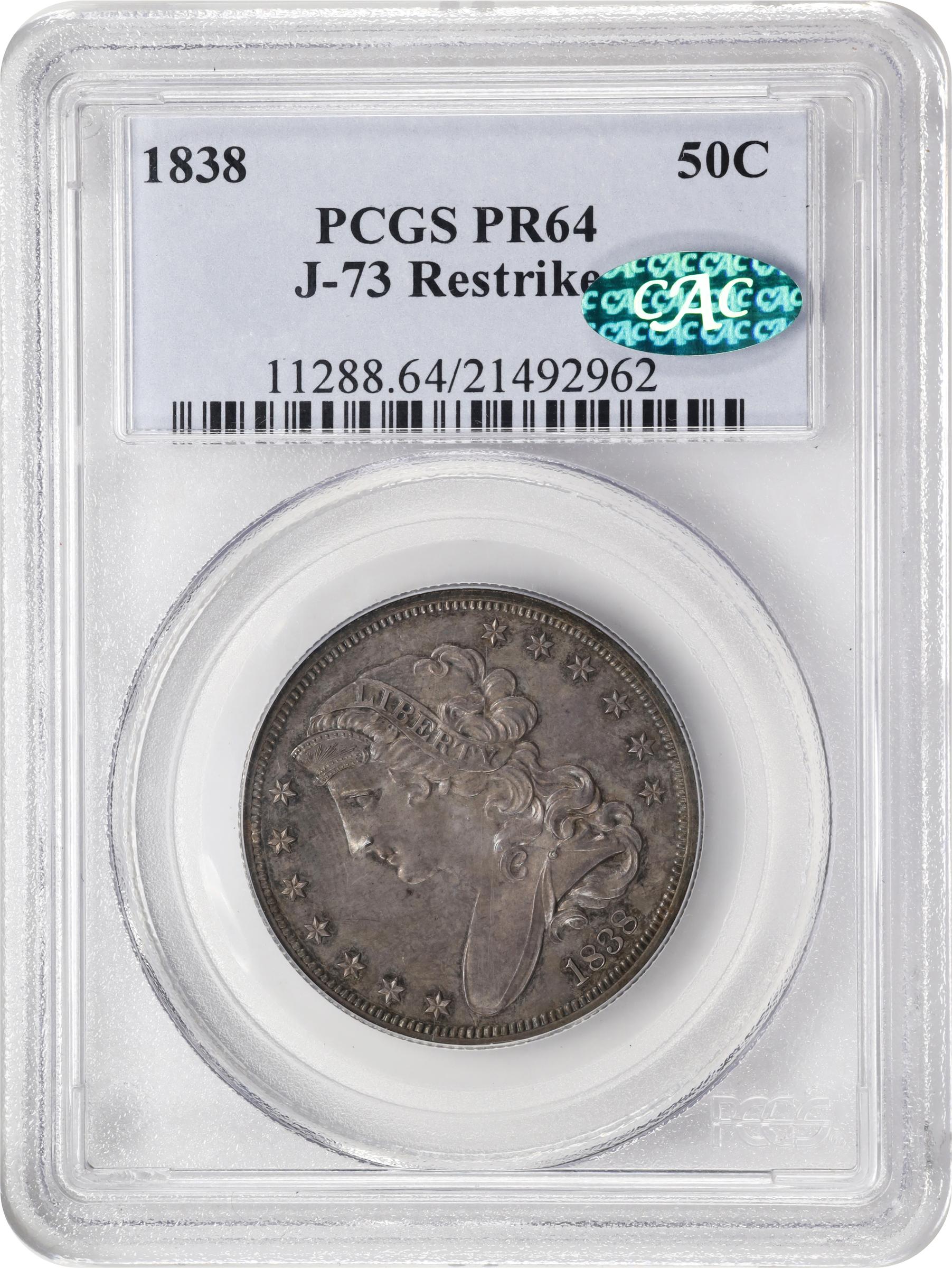 image for: 1838 Pattern Half Dollar. Judd-73 Restrike, Pollock-77. Rarity-5. Silver. Reeded Edge. Proof-64 (PCGS). CAC.
