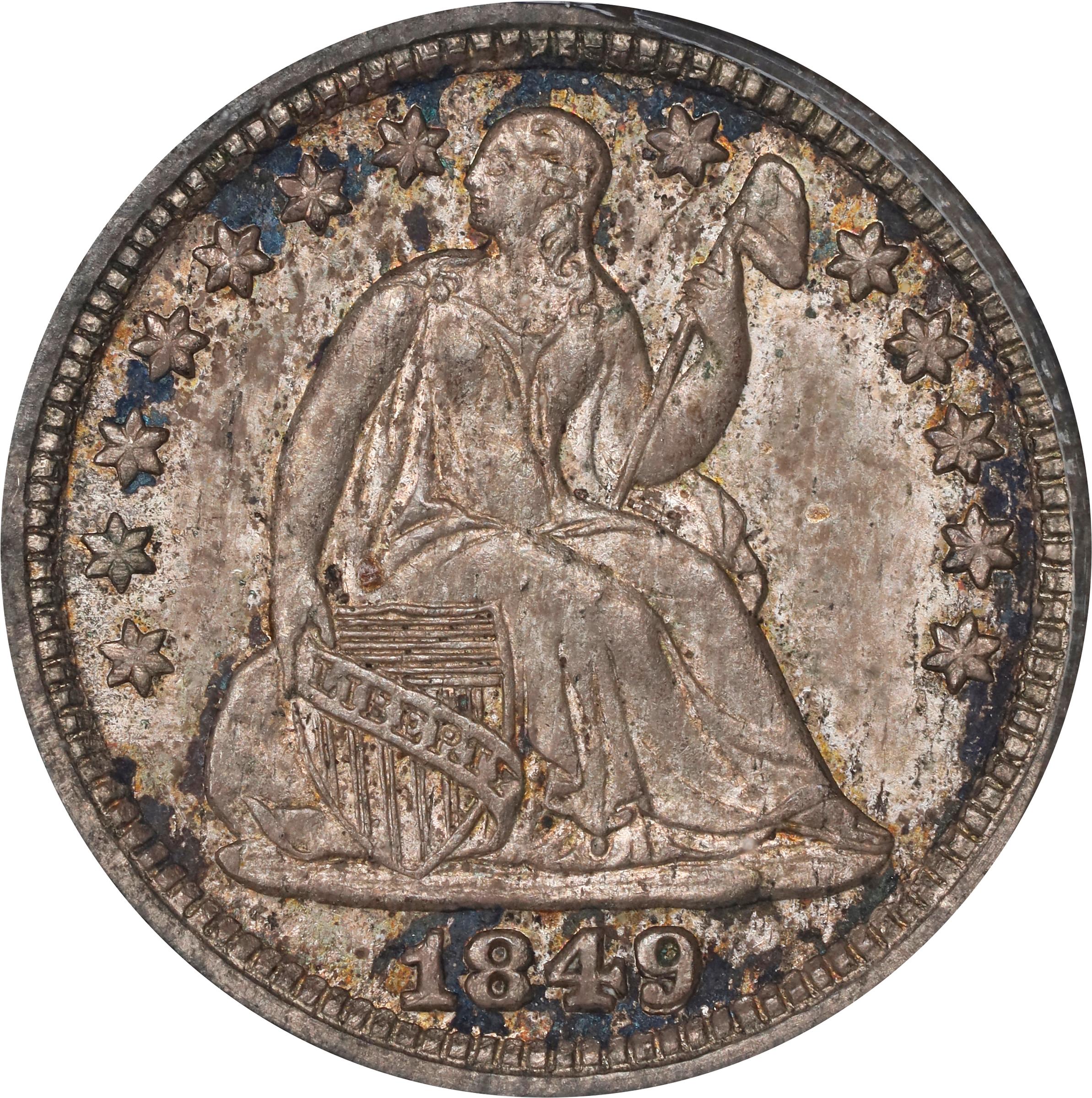 image for: 1849 Pattern Liberty Seated Trime. Judd-111 Original, Pollock-125. Rarity-7-. Silver-Copper Alloy. Reeded Edge. Proof-60 (PCGS). CAC.