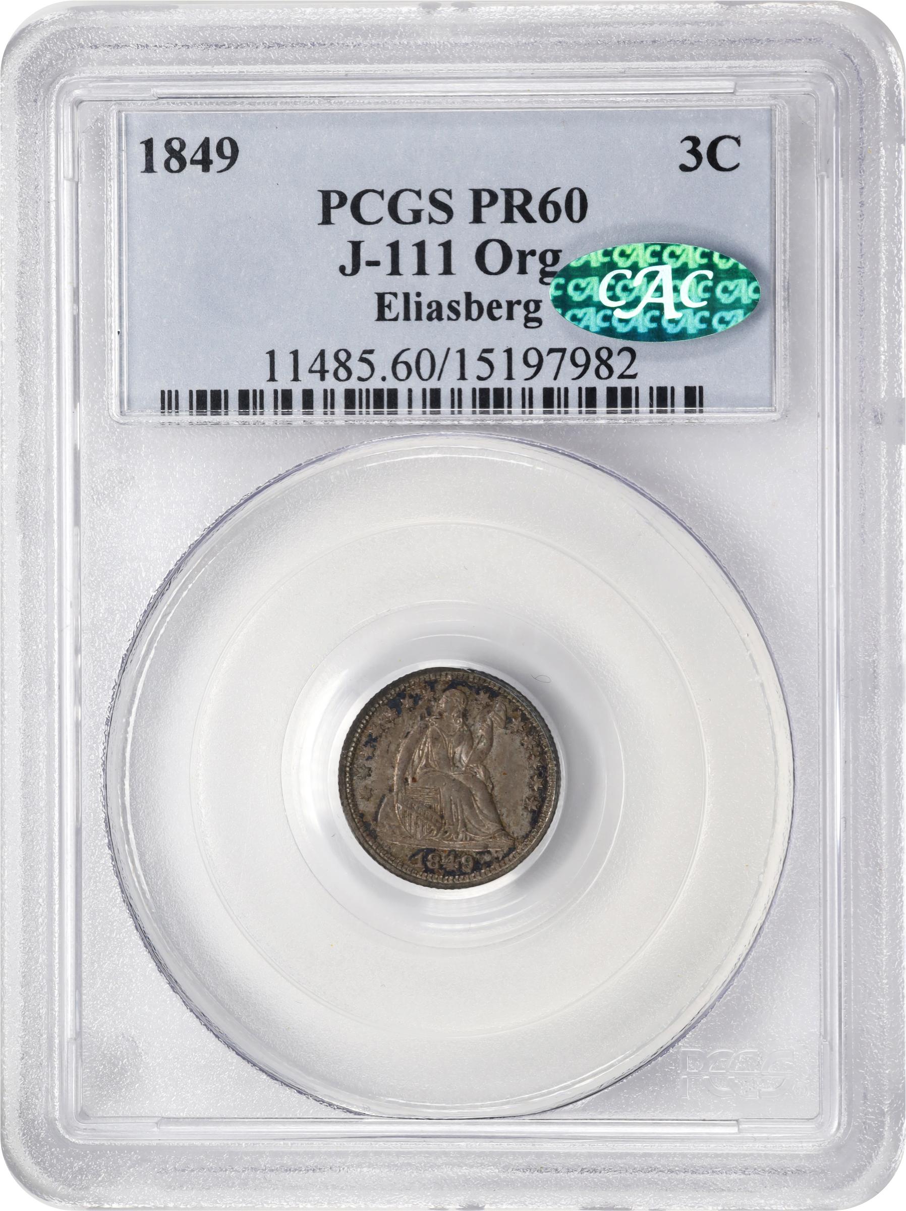 image for: 1849 Pattern Liberty Seated Trime. Judd-111 Original, Pollock-125. Rarity-7-. Silver-Copper Alloy. Reeded Edge. Proof-60 (PCGS). CAC.