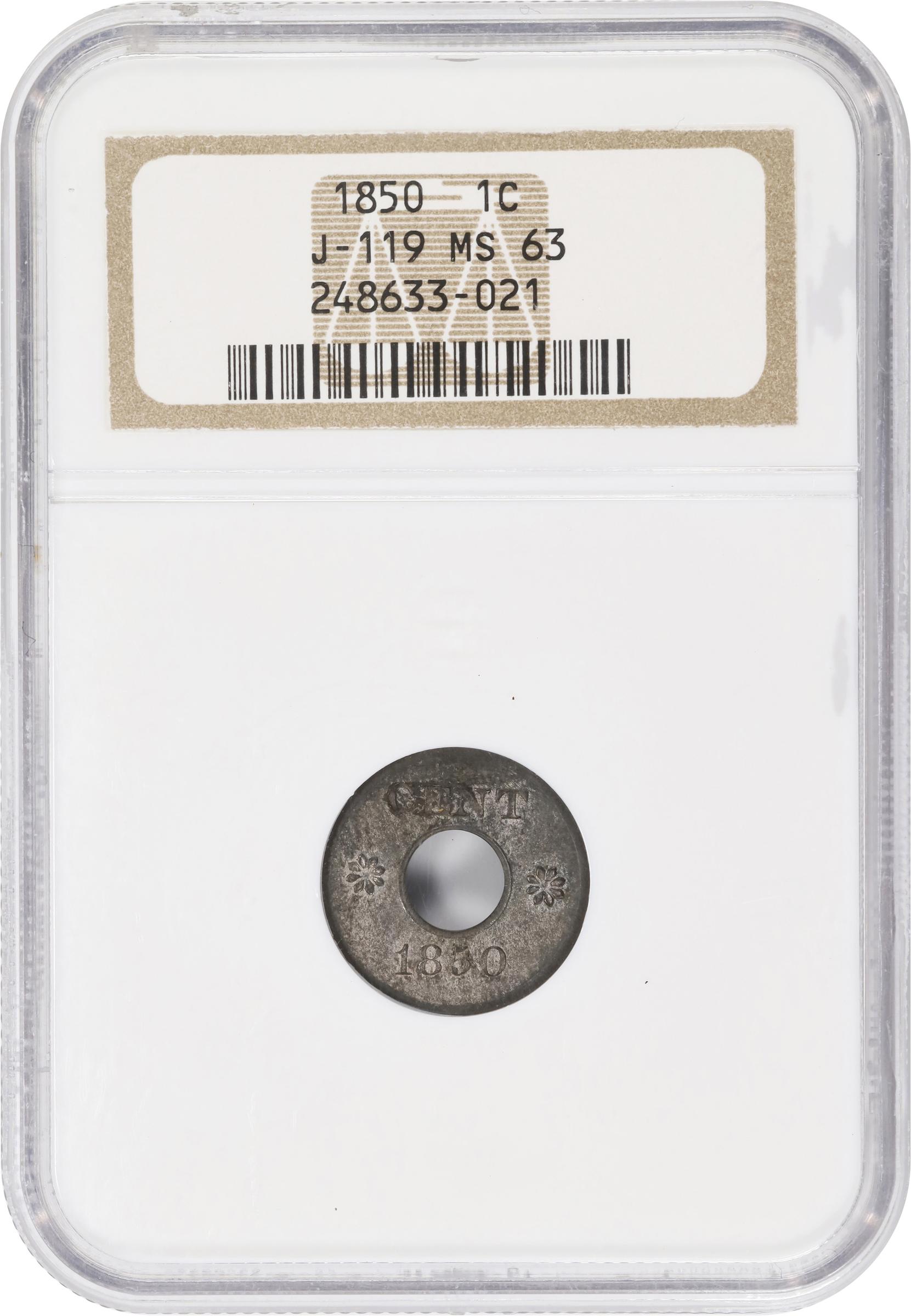 image for: 1850 Pattern Annular, or Ring-Form Cent. Judd-119, Pollock-134. Rarity-6-. Billon. Plain Edge. MS-63 (NGC).