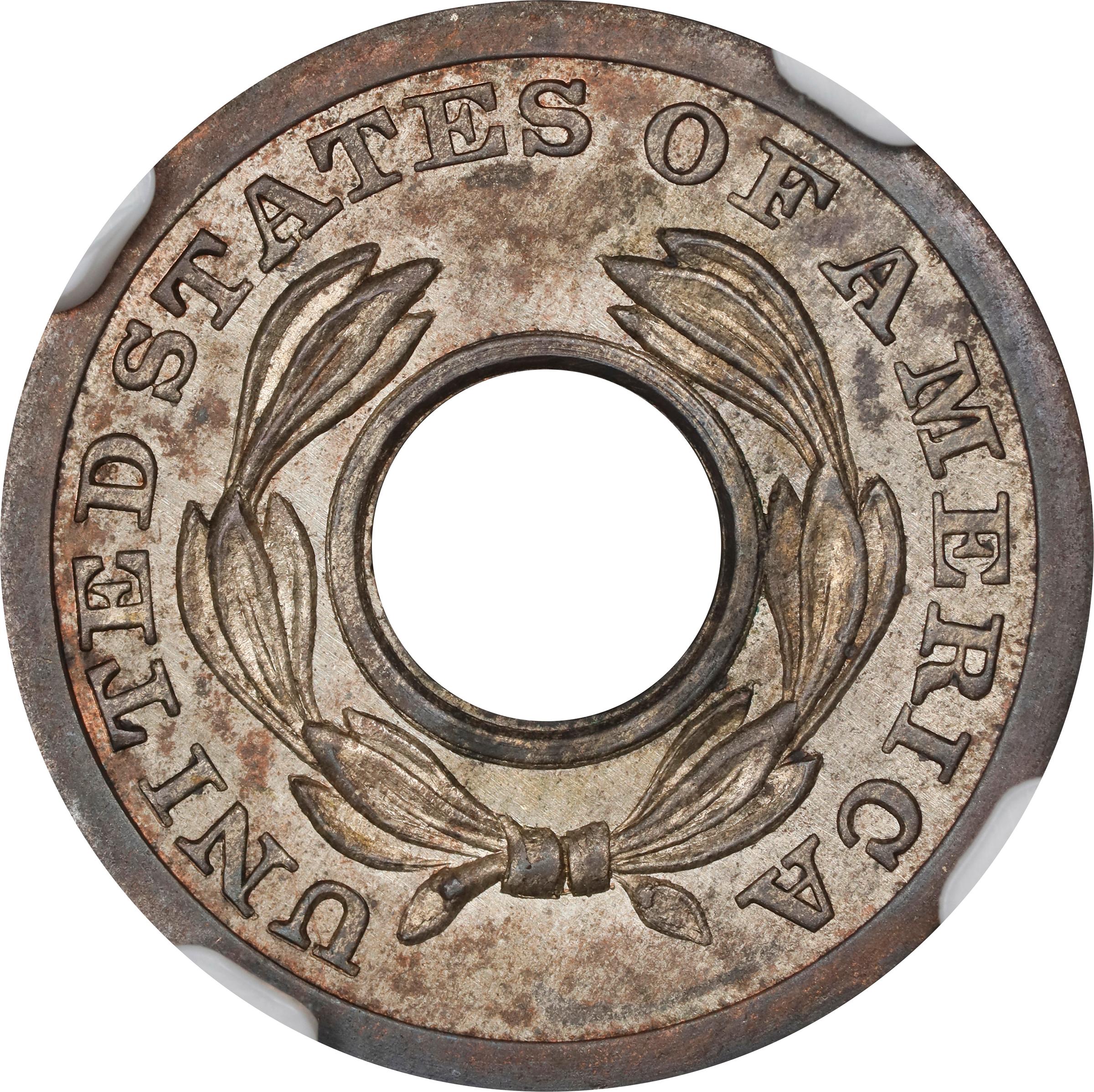 image for: Undated (1851) Pattern Annular, or Ring-Form Cent. Judd-127, Pollock-149. Rarity-6-. Billon. Plain Edge. MS-65 (NGC). CAC.