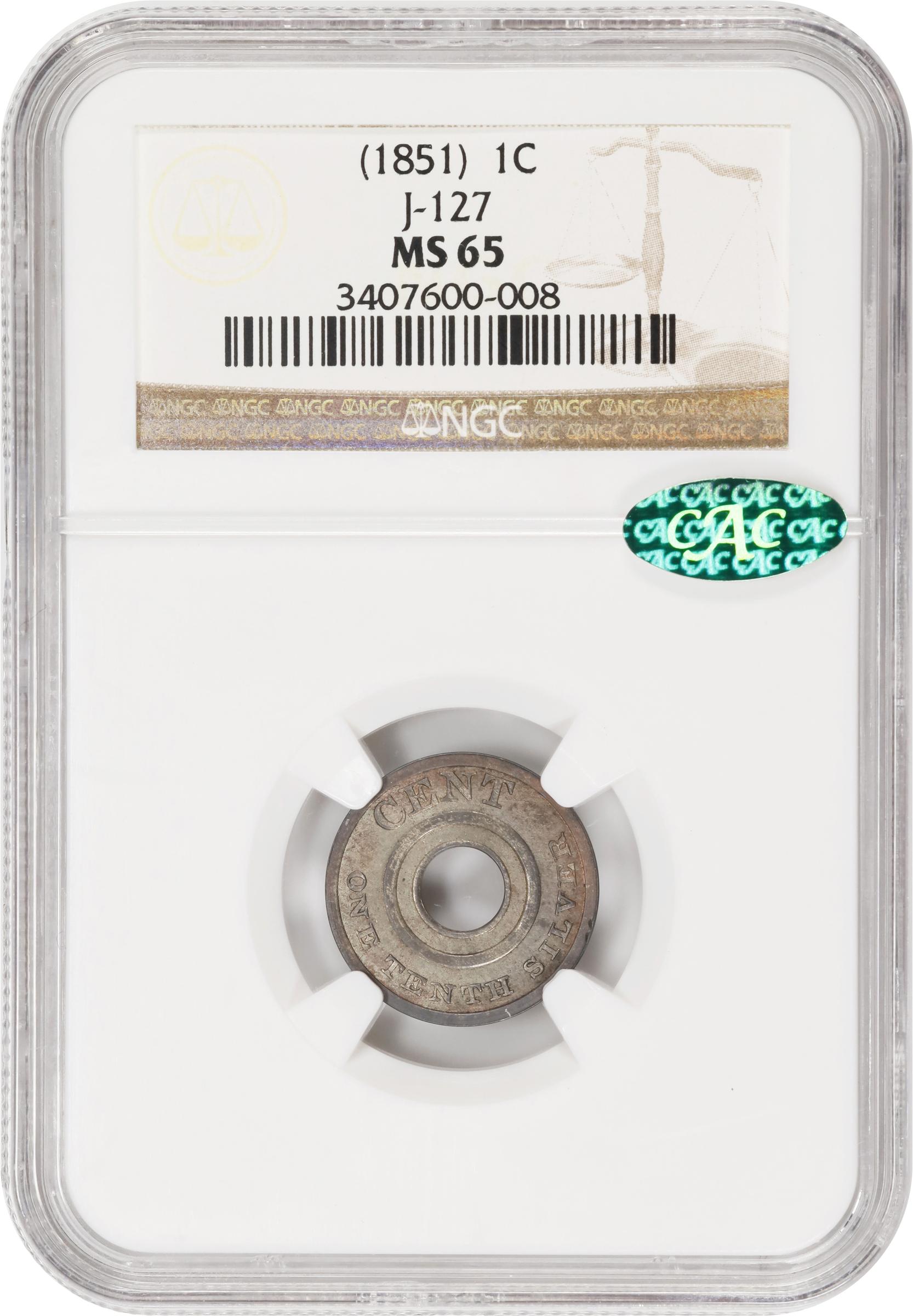 image for: Undated (1851) Pattern Annular, or Ring-Form Cent. Judd-127, Pollock-149. Rarity-6-. Billon. Plain Edge. MS-65 (NGC). CAC.