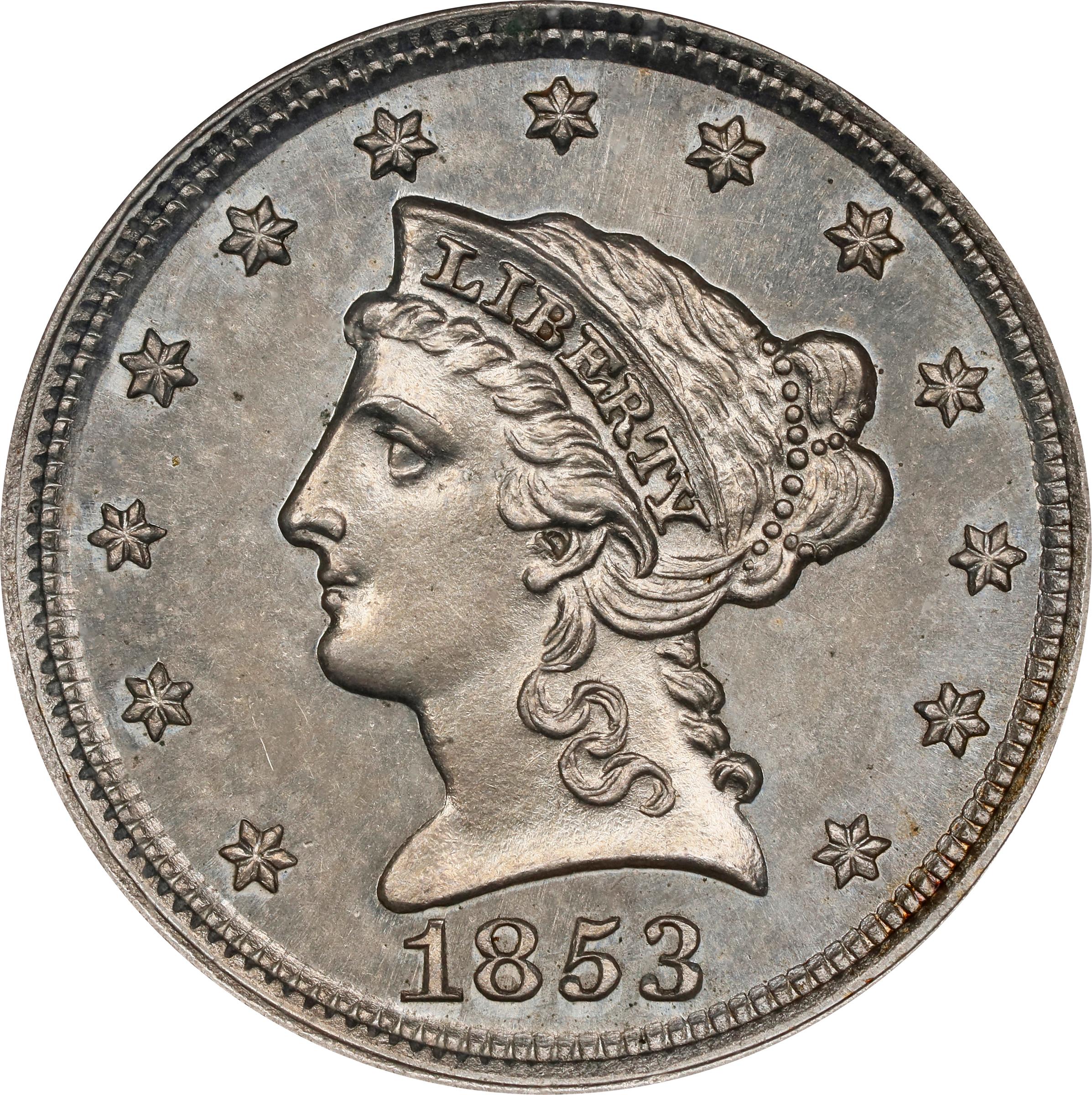image for: 1853 Pattern Cent. Judd-151, Pollock-178. Rarity-6-. Copper-Nickel. Reeded Edge. Proof-65 (NGC).