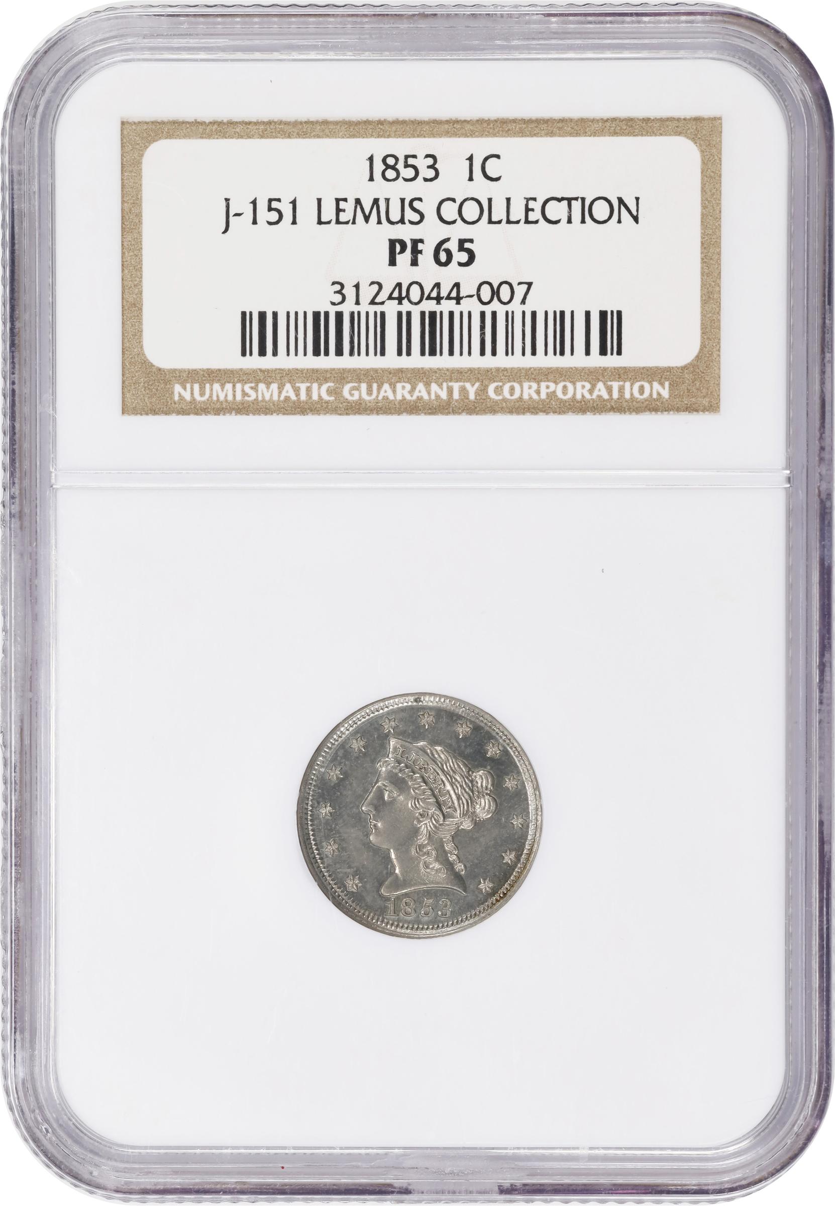image for: 1853 Pattern Cent. Judd-151, Pollock-178. Rarity-6-. Copper-Nickel. Reeded Edge. Proof-65 (NGC).