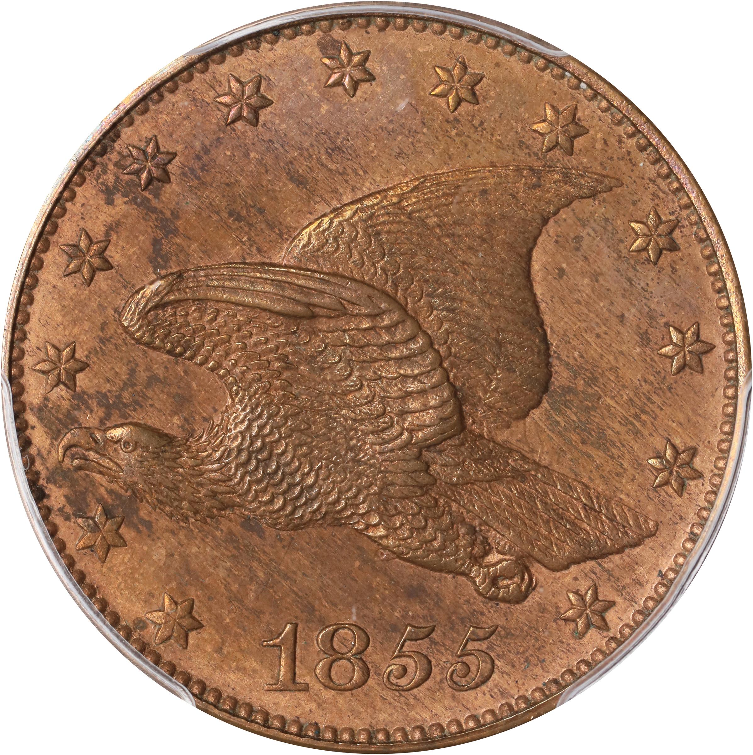 image for: 1855 Pattern Flying Eagle Cent. Judd-168 Original, Pollock-193. Rarity-4. Bronze. Plain Edge. Proof-64 BN (PCGS). CAC.