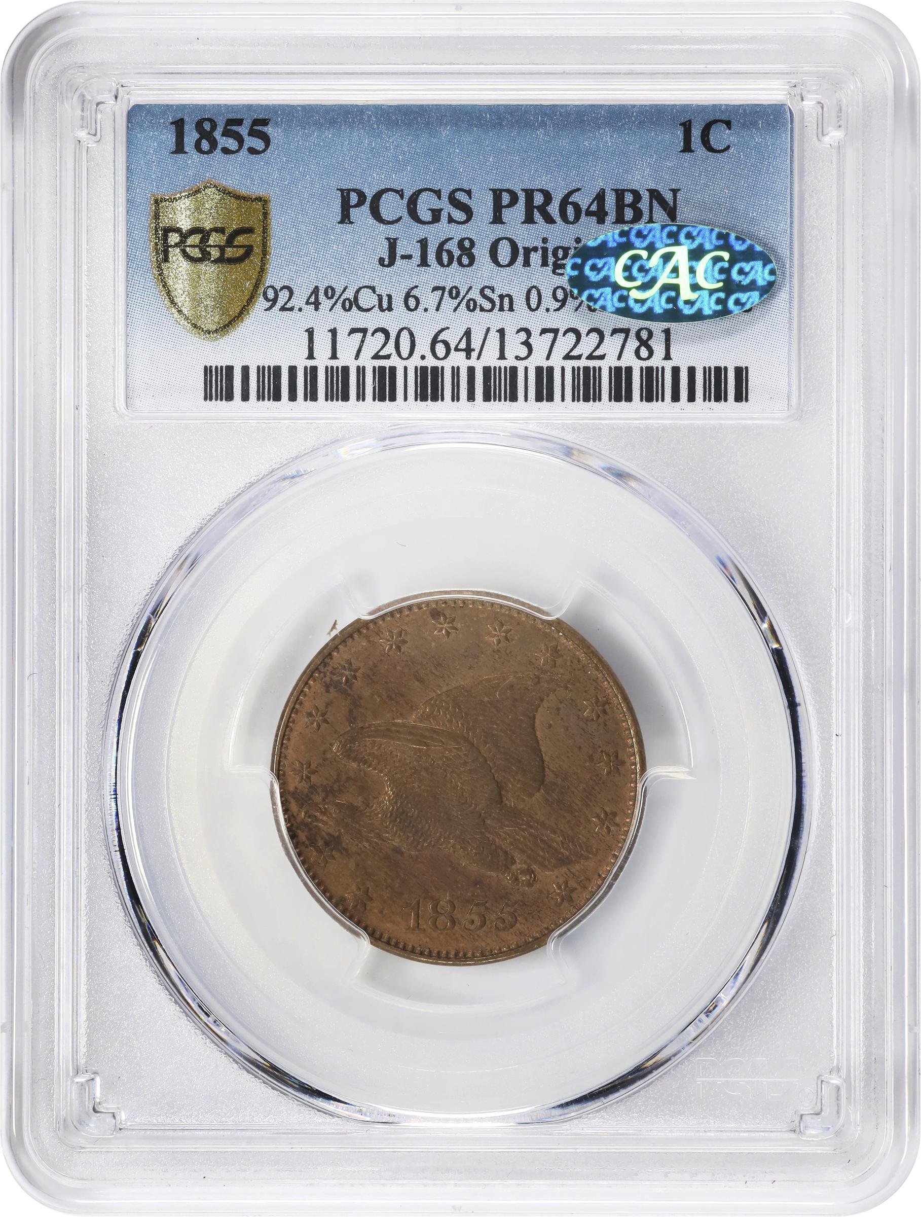 image for: 1855 Pattern Flying Eagle Cent. Judd-168 Original, Pollock-193. Rarity-4. Bronze. Plain Edge. Proof-64 BN (PCGS). CAC.