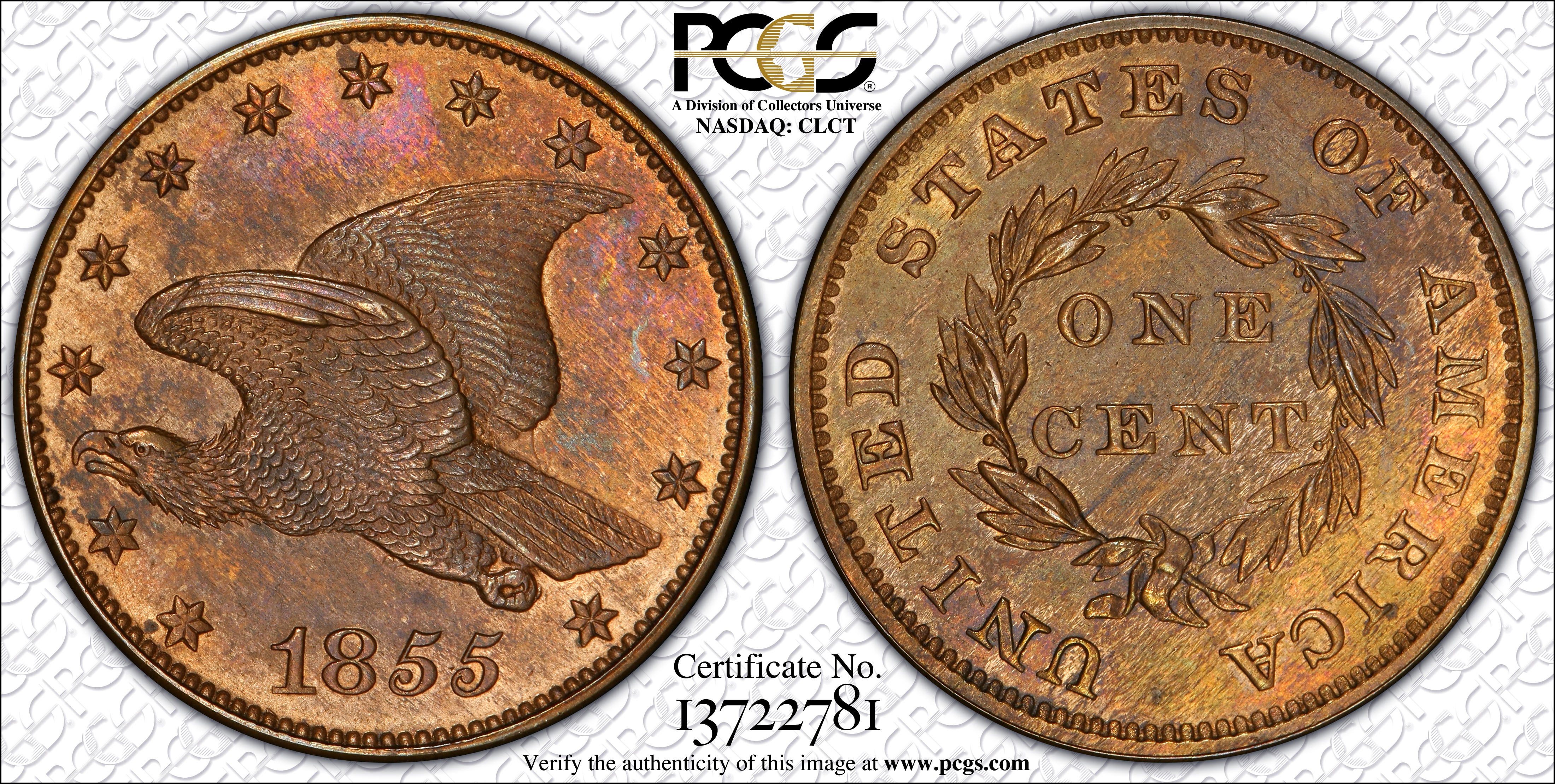 image for: 1855 Pattern Flying Eagle Cent. Judd-168 Original, Pollock-193. Rarity-4. Bronze. Plain Edge. Proof-64 BN (PCGS). CAC.