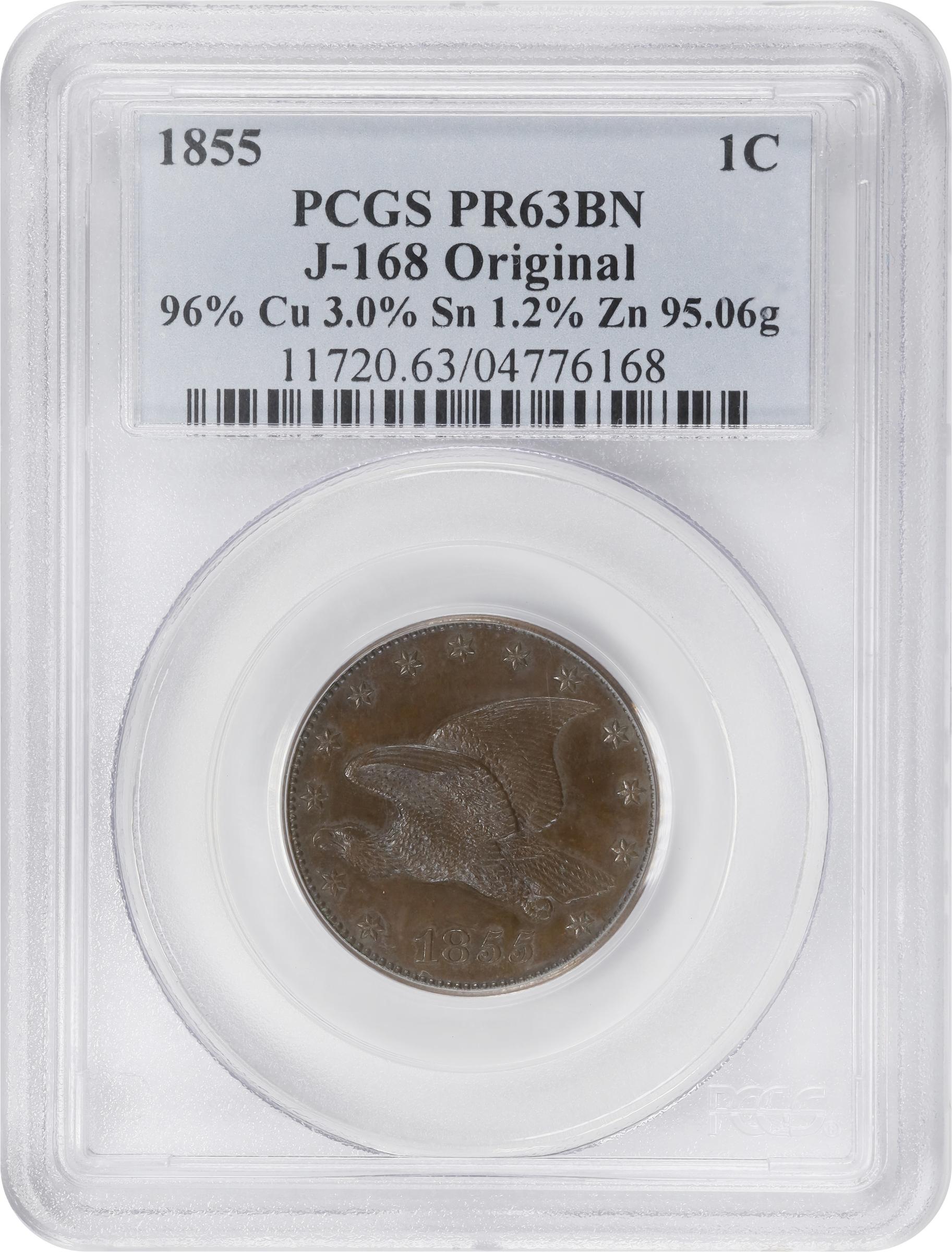 image for: 1855 Pattern Flying Eagle Cent. Judd-168 Original, Pollock-193. Rarity-4. Bronze. Plain Edge. Proof-63 BN (PCGS).