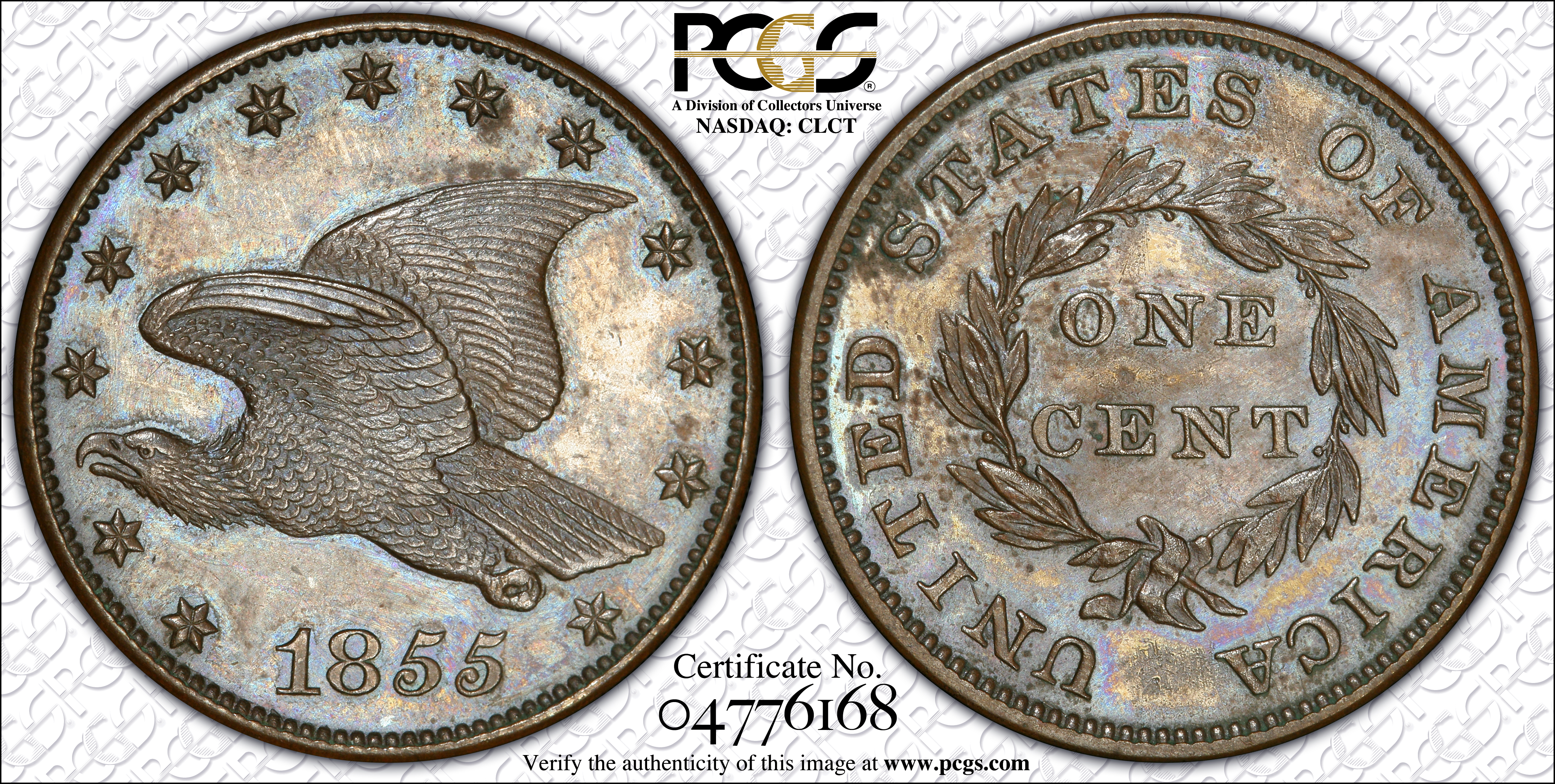 image for: 1855 Pattern Flying Eagle Cent. Judd-168 Original, Pollock-193. Rarity-4. Bronze. Plain Edge. Proof-63 BN (PCGS).