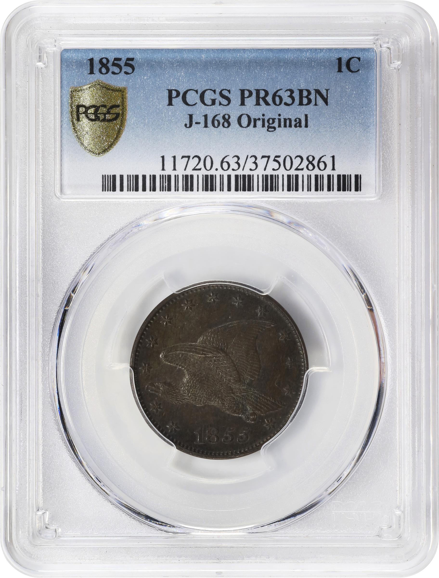 image for: 1855 Pattern Flying Eagle Cent. Judd-168 Original, Pollock-193. Rarity-4. Bronze. Plain Edge. Proof-63 BN (PCGS).
