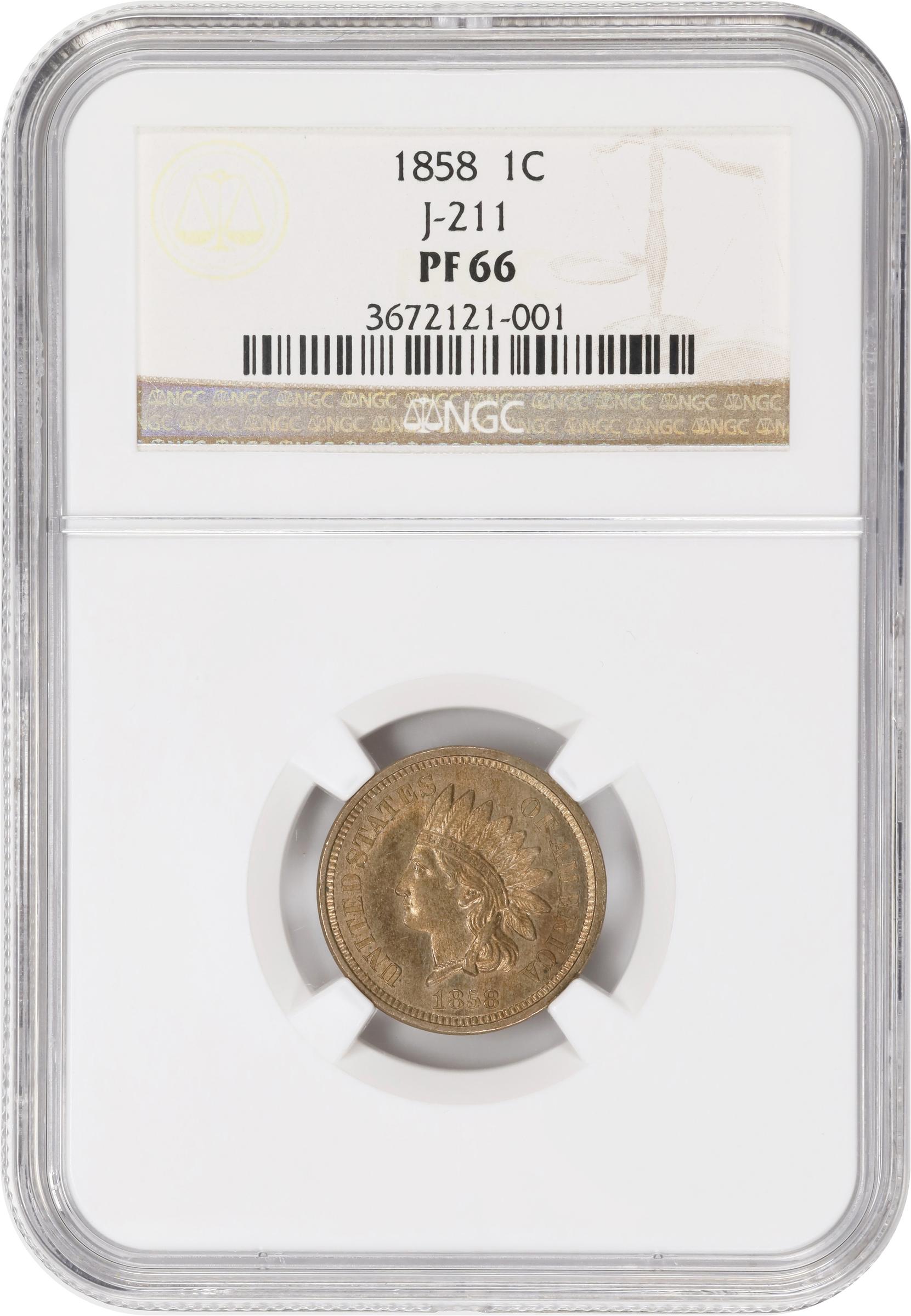 image for: 1858 Pattern Indian Cent. Judd-211, Pollock-262, Snow-PT26a, Snow Die Pair II. Rarity-4. Copper-Nickel. Plain Edge. Proof-66 (NGC).