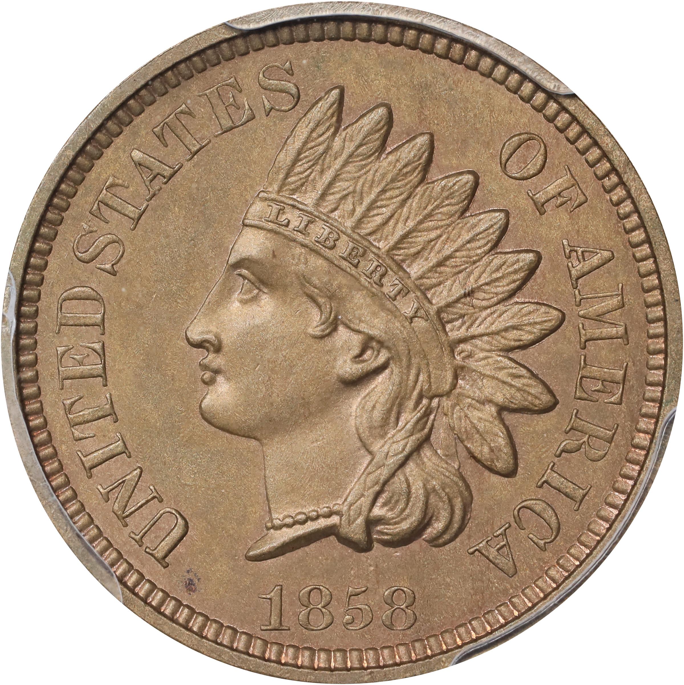 image for: 1858 Pattern Indian Cent. Judd-212, Pollock-256, Snow-PT32a. Rarity-4. Copper-Nickel. Plain Edge. Proof-64 (PCGS).