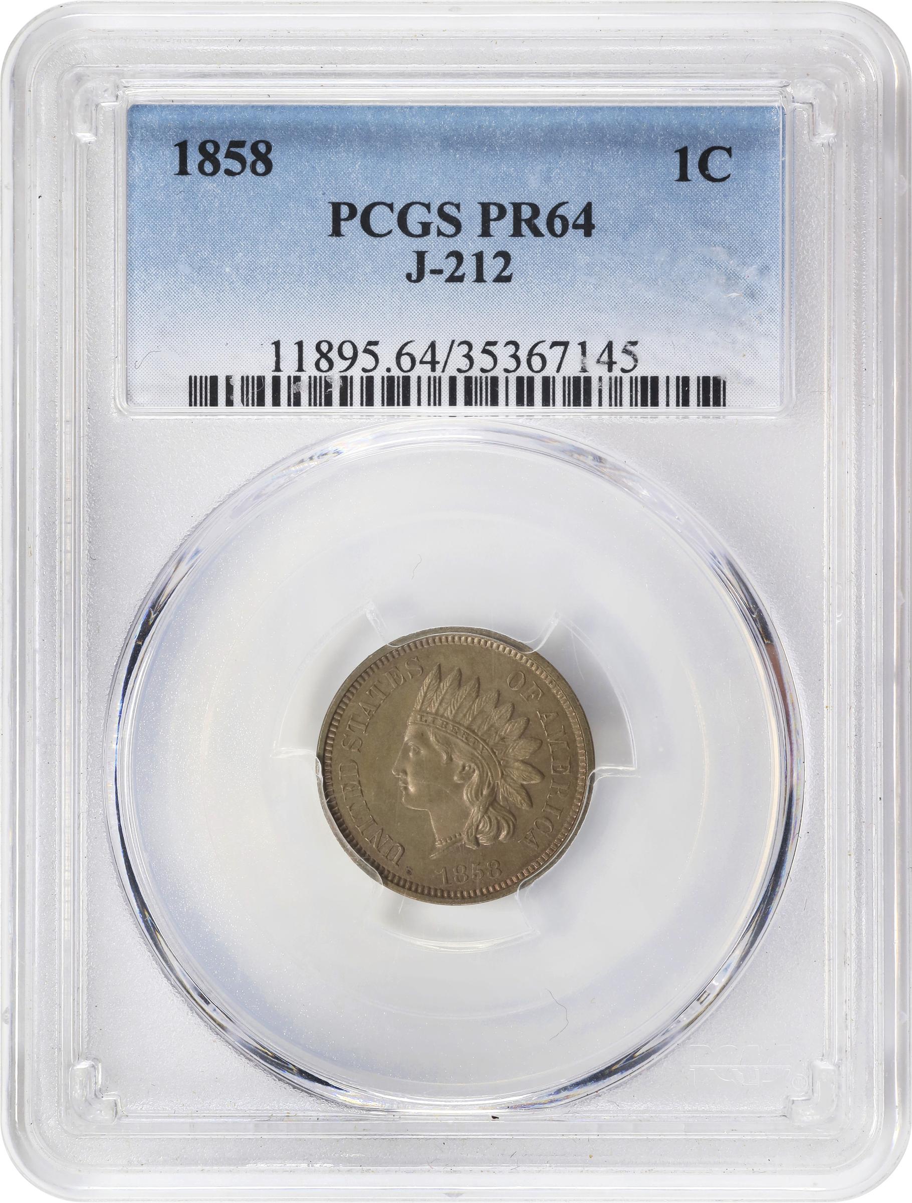 image for: 1858 Pattern Indian Cent. Judd-212, Pollock-256, Snow-PT32a. Rarity-4. Copper-Nickel. Plain Edge. Proof-64 (PCGS).