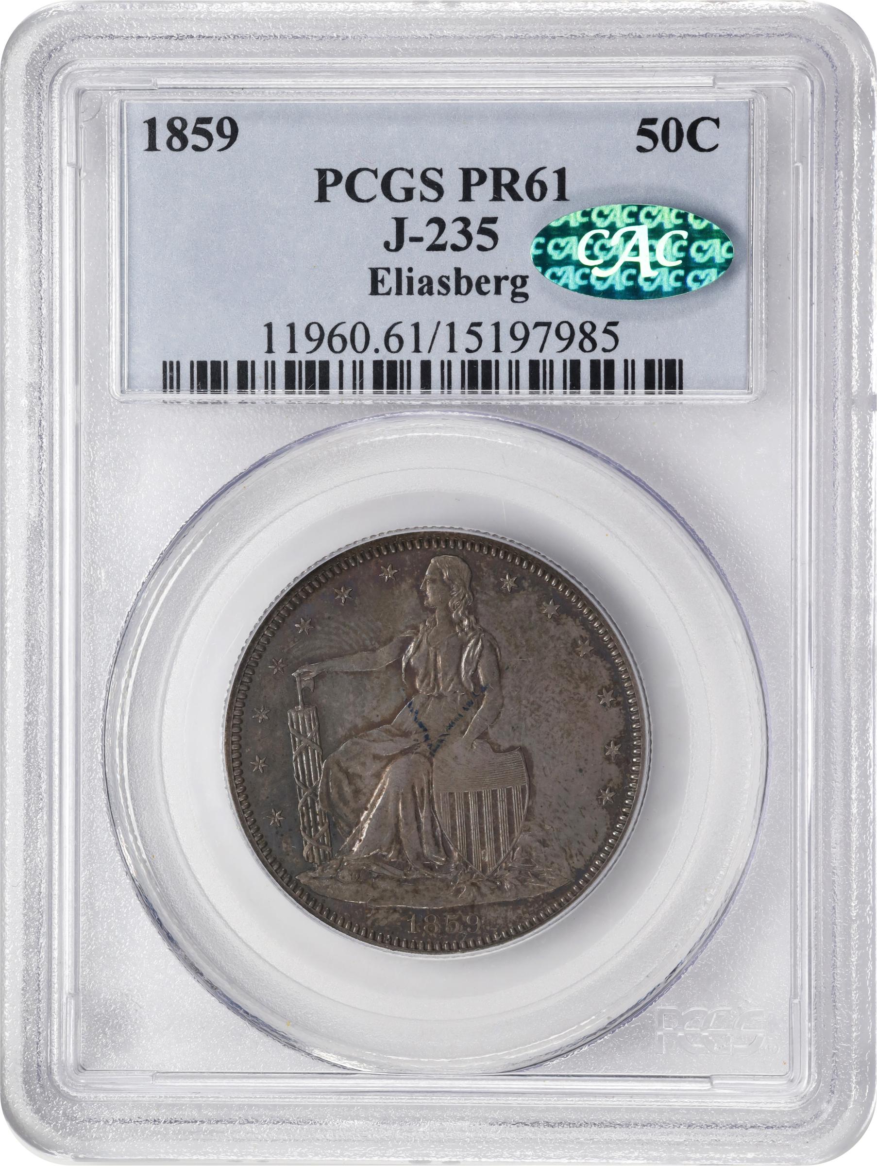 image for: 1859 Pattern Half Dollar. Judd-235, Pollock-284. Rarity-5. Silver. Reeded Edge. Proof-61 (PCGS). CAC.