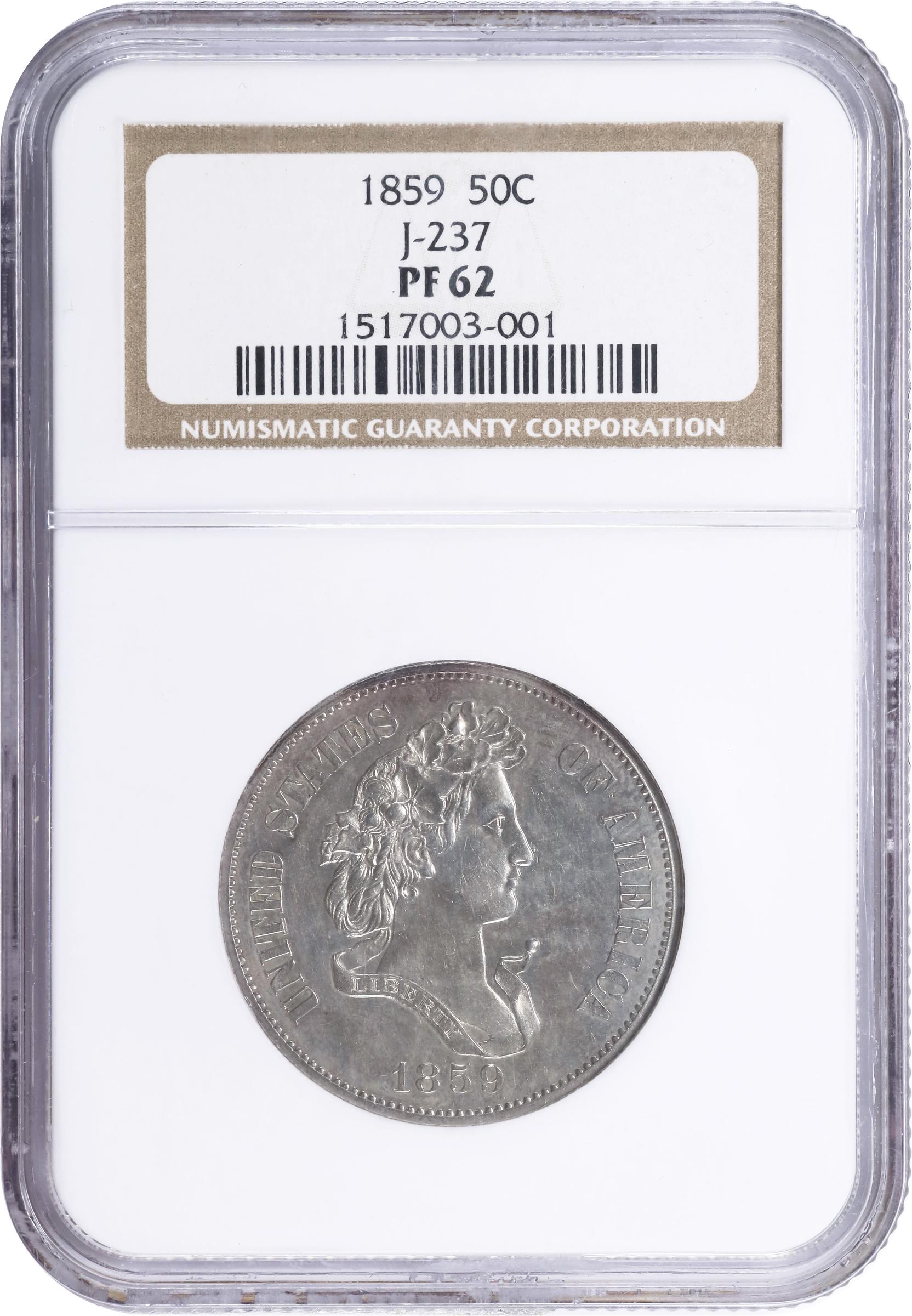 image for: 1859 Pattern Half Dollar. Judd-237, Pollock-293. Rarity-4. Silver. Reeded Edge. Proof-62 (NGC).
