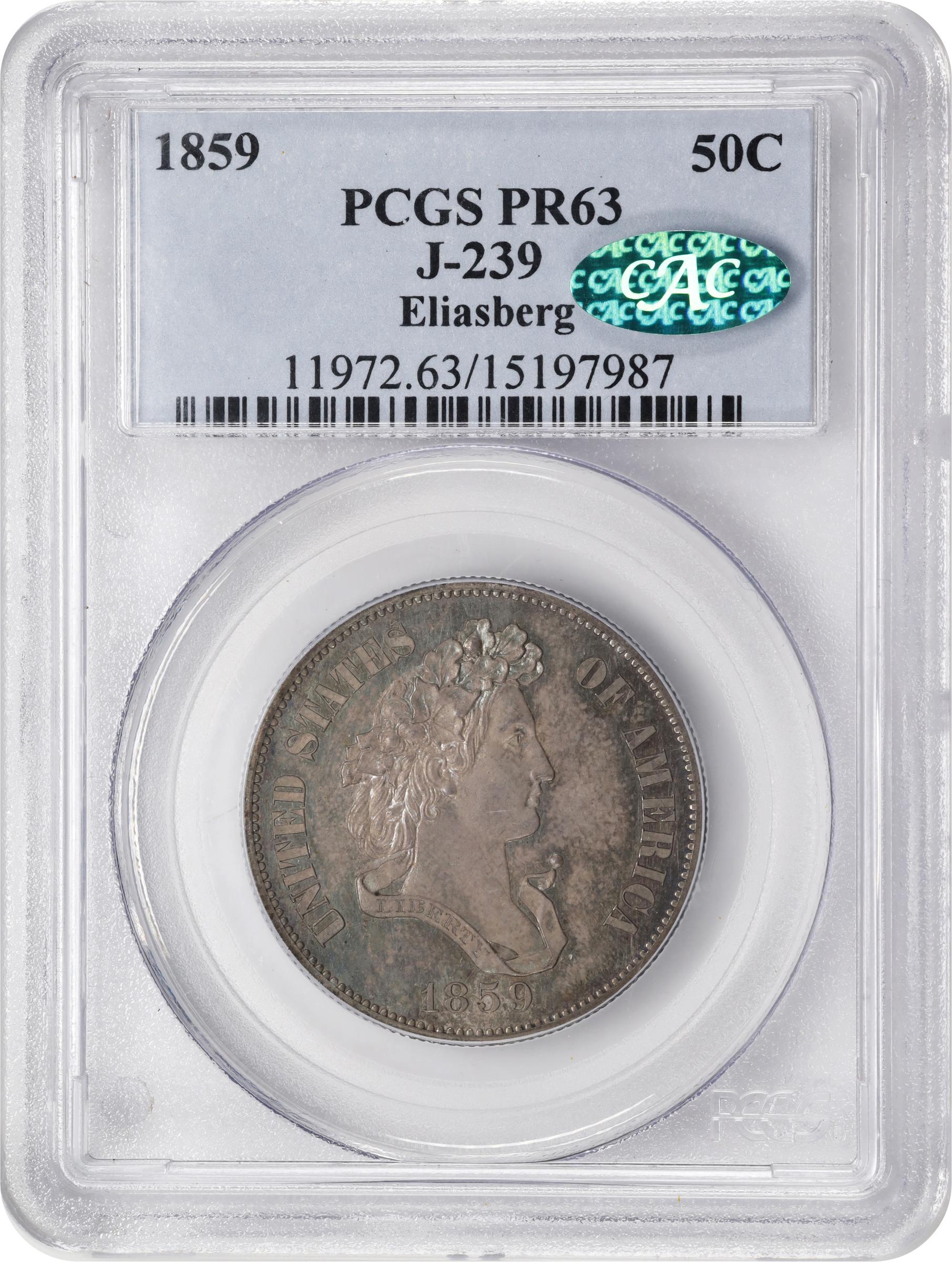 image for: 1859 Pattern Half Dollar. Judd-239, Pollock-295. Rarity-4. Silver. Reeded Edge. Proof-63 (PCGS). CAC.