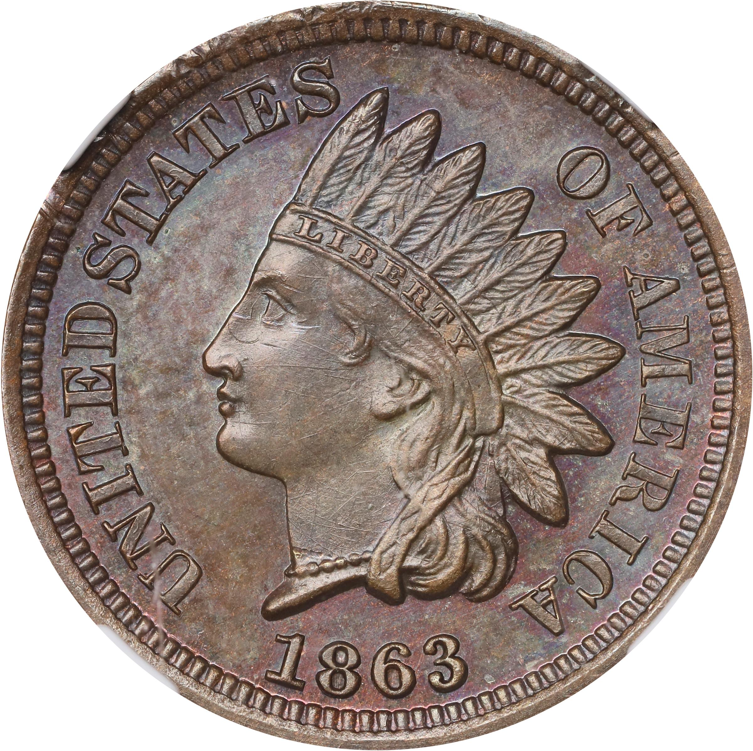 image for: 1863 Experimental Indian Cent. Judd-299, Pollock-359, Snow-PT1a. Rarity-3. Bronze. Plain Edge. Thin Planchet. Proof-65 BN (NGC). CAC.