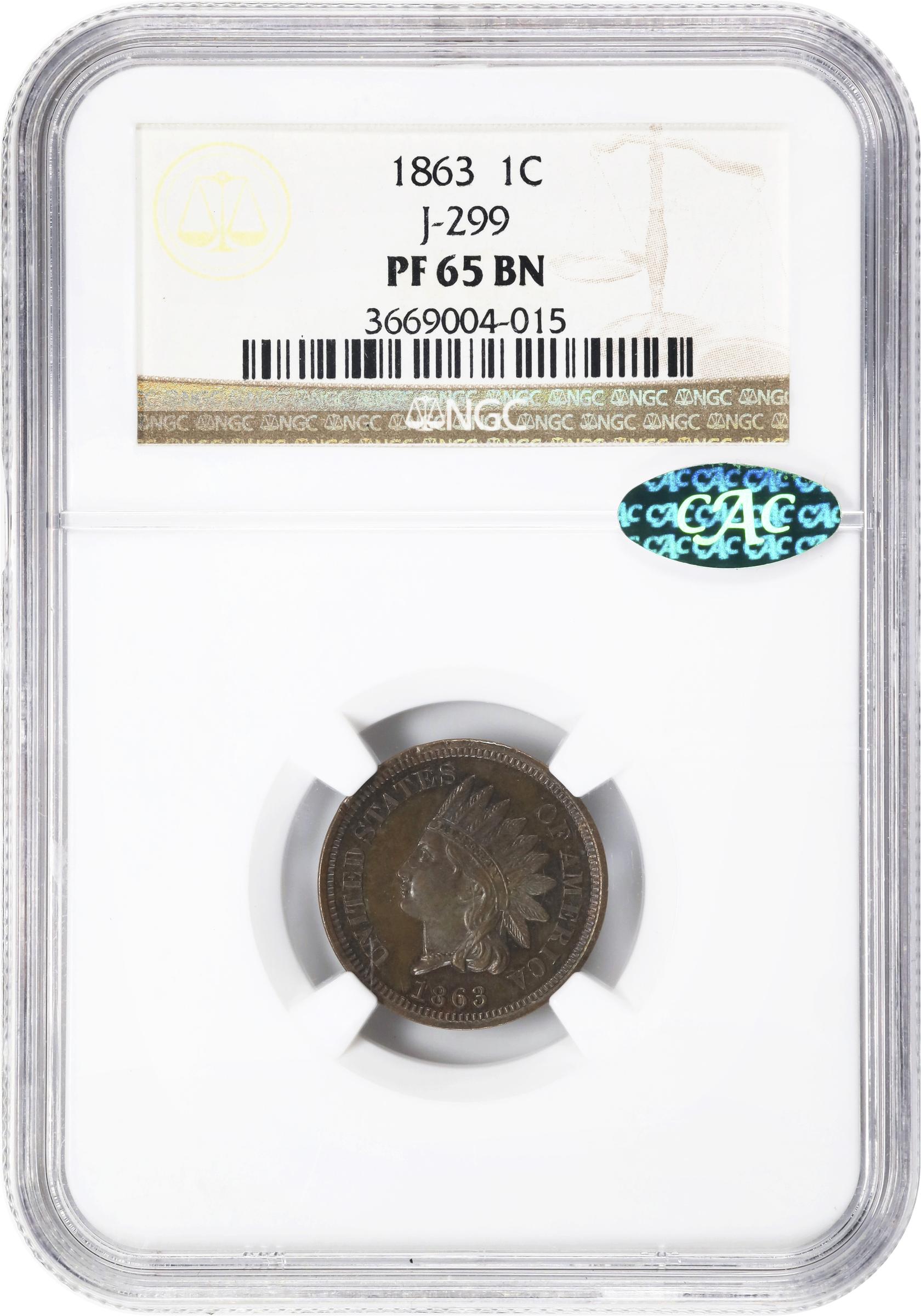 image for: 1863 Experimental Indian Cent. Judd-299, Pollock-359, Snow-PT1a. Rarity-3. Bronze. Plain Edge. Thin Planchet. Proof-65 BN (NGC). CAC.