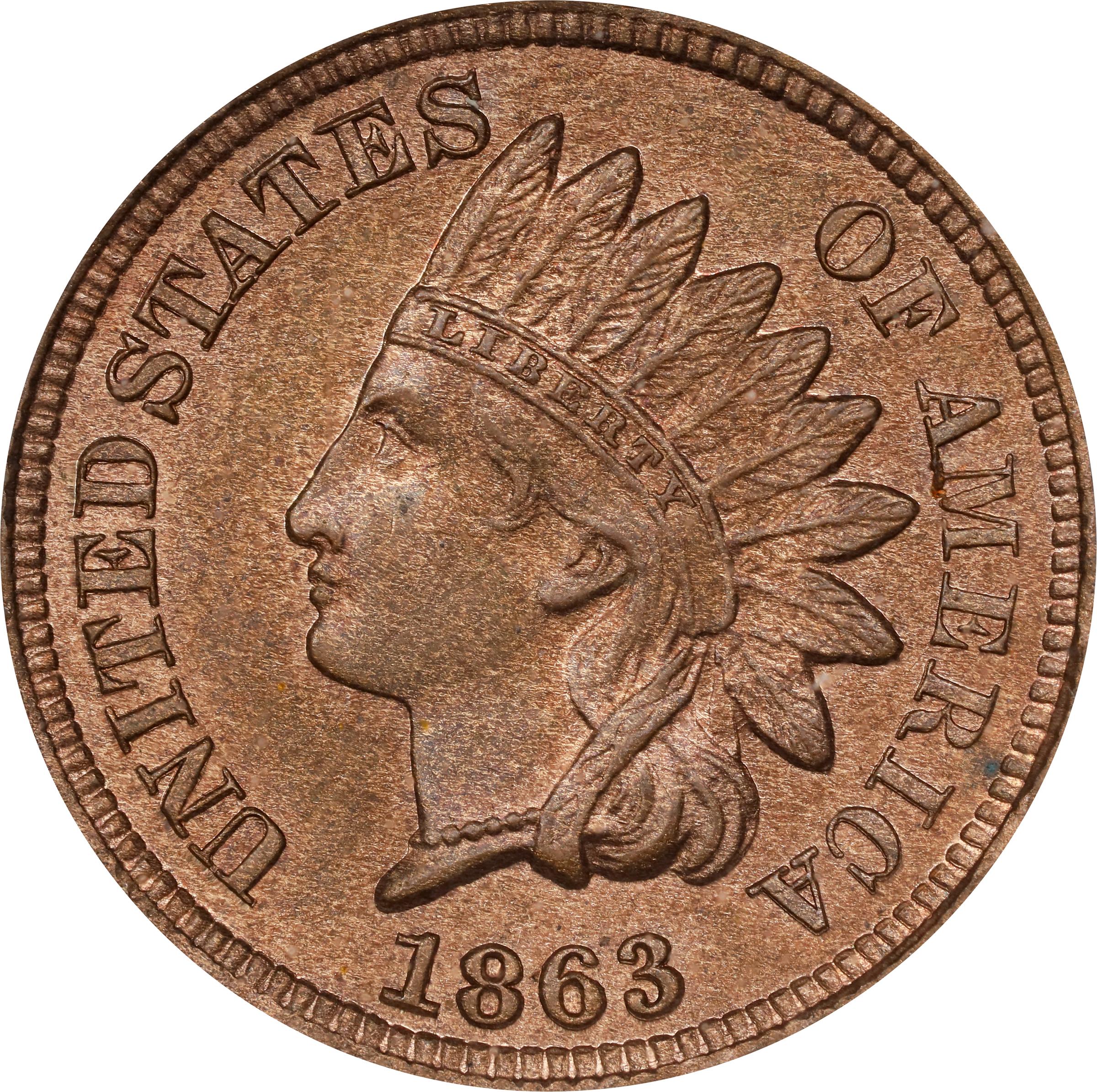 image for: 1863 Experimental Indian Cent. Judd-299, Pollock-359, Snow-PT1a. Rarity-3. Bronze. Plain Edge. Thin Planchet. Proof-64 BN (PCGS).