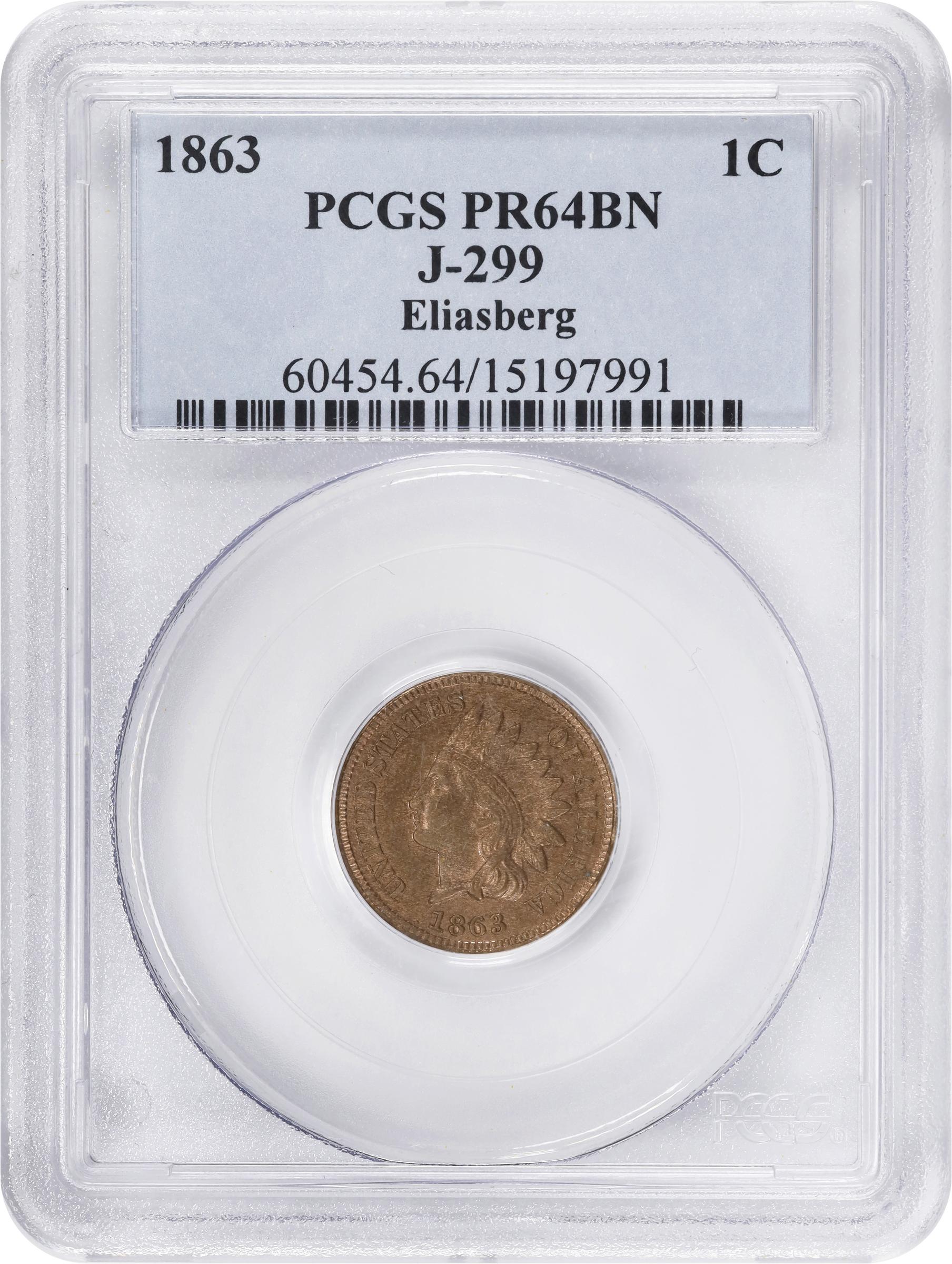 image for: 1863 Experimental Indian Cent. Judd-299, Pollock-359, Snow-PT1a. Rarity-3. Bronze. Plain Edge. Thin Planchet. Proof-64 BN (PCGS).