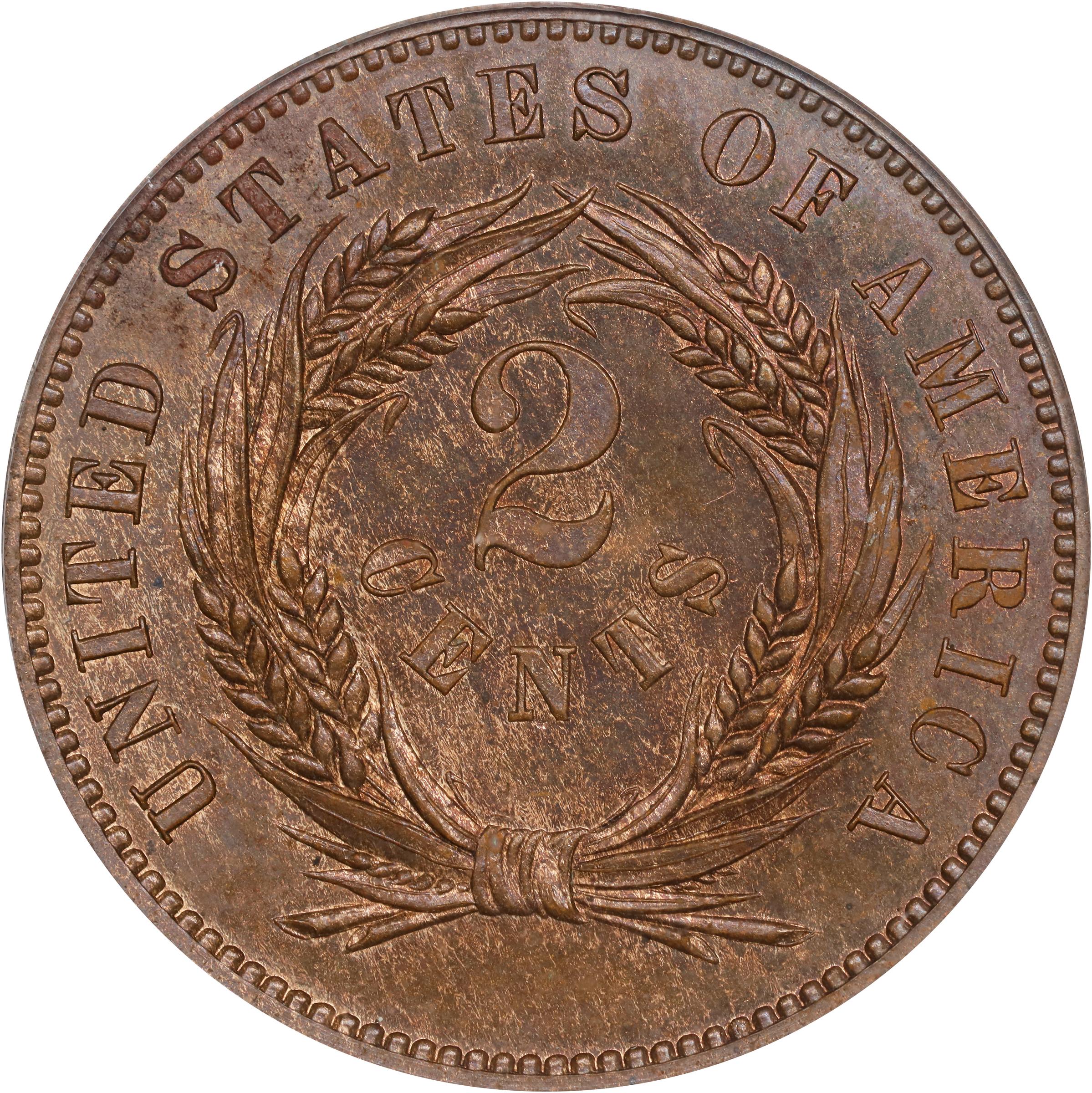 image for: 1863 Pattern Washington Two-Cent Piece. Judd-305, Pollock-370, Musante GW-670, Baker-37. Rarity-4. Copper. Plain Edge. Proof-64 RB (PCGS).