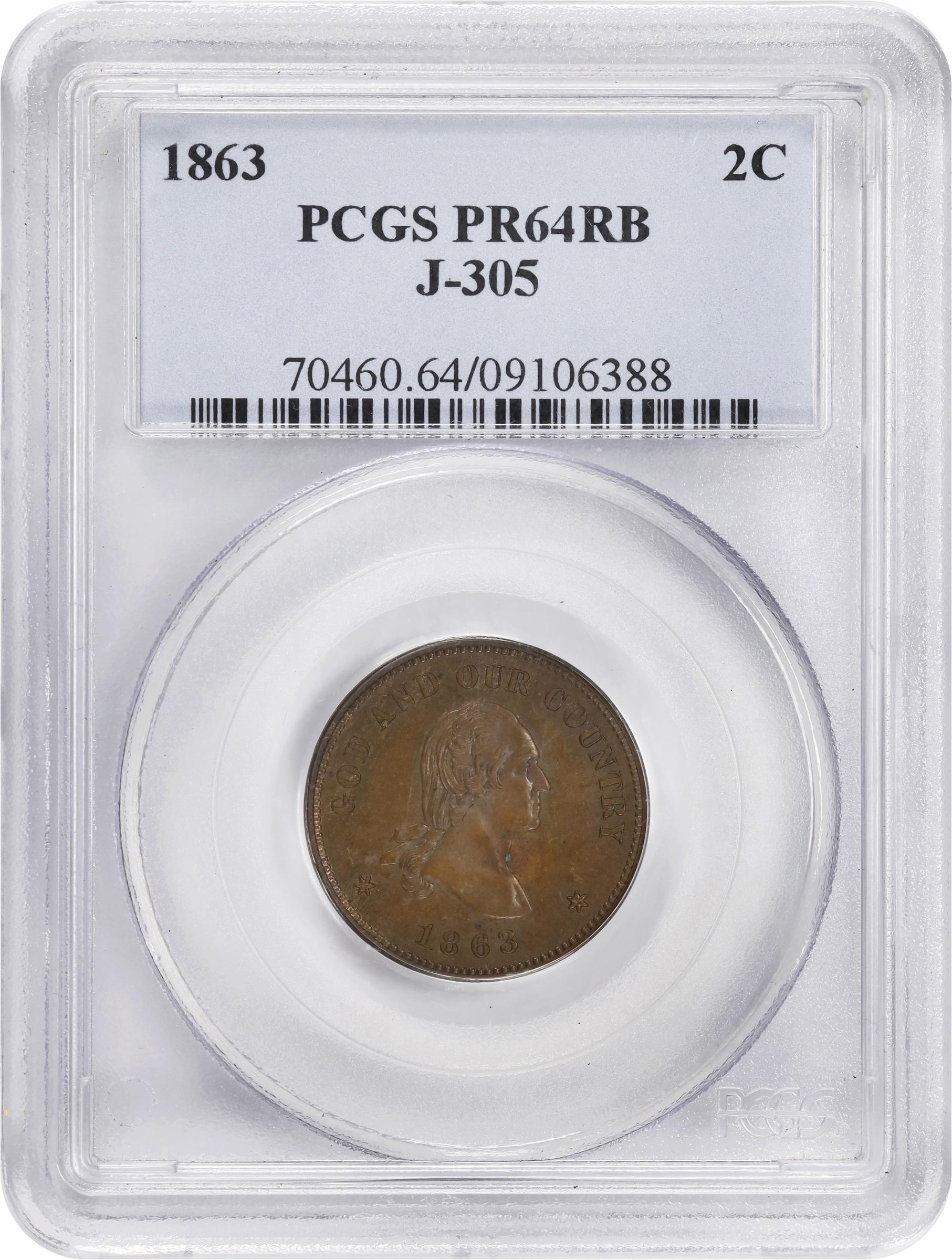 image for: 1863 Pattern Washington Two-Cent Piece. Judd-305, Pollock-370, Musante GW-670, Baker-37. Rarity-4. Copper. Plain Edge. Proof-64 RB (PCGS).