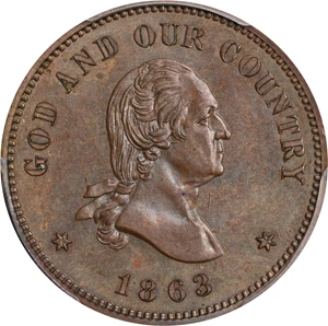 image for: 1863 Pattern Washington Two-Cent Piece. Judd-305, Pollock-370, Musante GW-670, Baker-37. Rarity-4. Copper. Plain Edge. Proof-64 BN (PCGS). CAC.