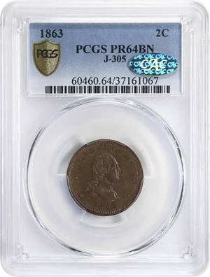 image for: 1863 Pattern Washington Two-Cent Piece. Judd-305, Pollock-370, Musante GW-670, Baker-37. Rarity-4. Copper. Plain Edge. Proof-64 BN (PCGS). CAC.