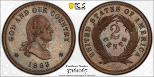 image for: 1863 Pattern Washington Two-Cent Piece. Judd-305, Pollock-370, Musante GW-670, Baker-37. Rarity-4. Copper. Plain Edge. Proof-64 BN (PCGS). CAC.