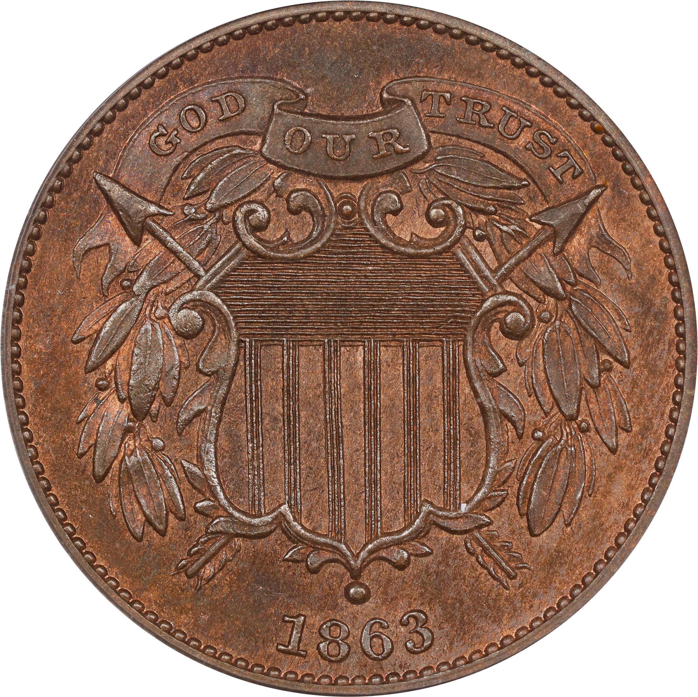 image for: 1863 Pattern Two-Cent Piece. Judd-312, Pollock-377. Rarity-4. Bronze. Plain Edge. Proof-65 BN (PCGS). CAC.