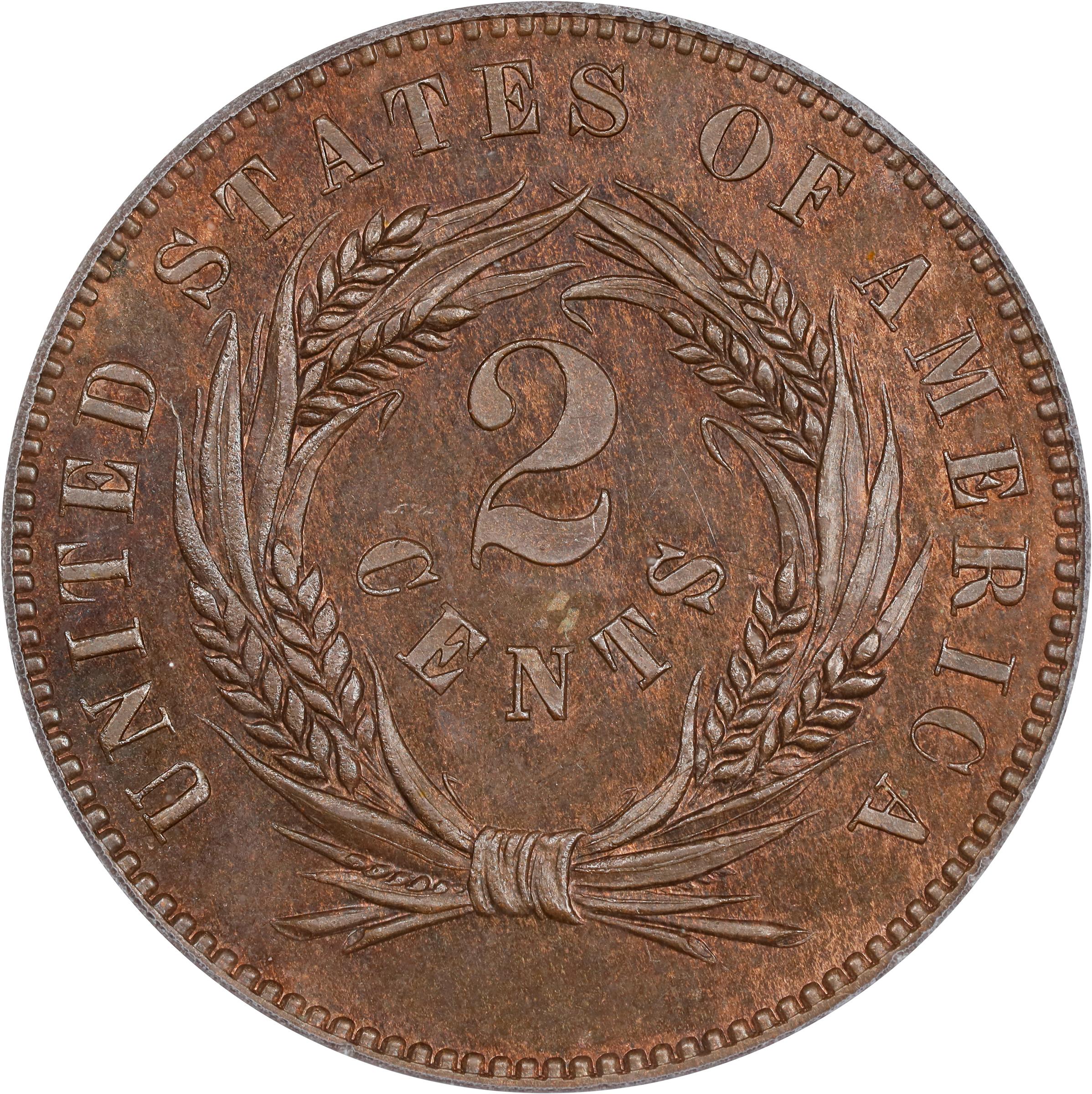 image for: 1863 Pattern Two-Cent Piece. Judd-312, Pollock-377. Rarity-4. Bronze. Plain Edge. Proof-65 BN (PCGS). CAC.