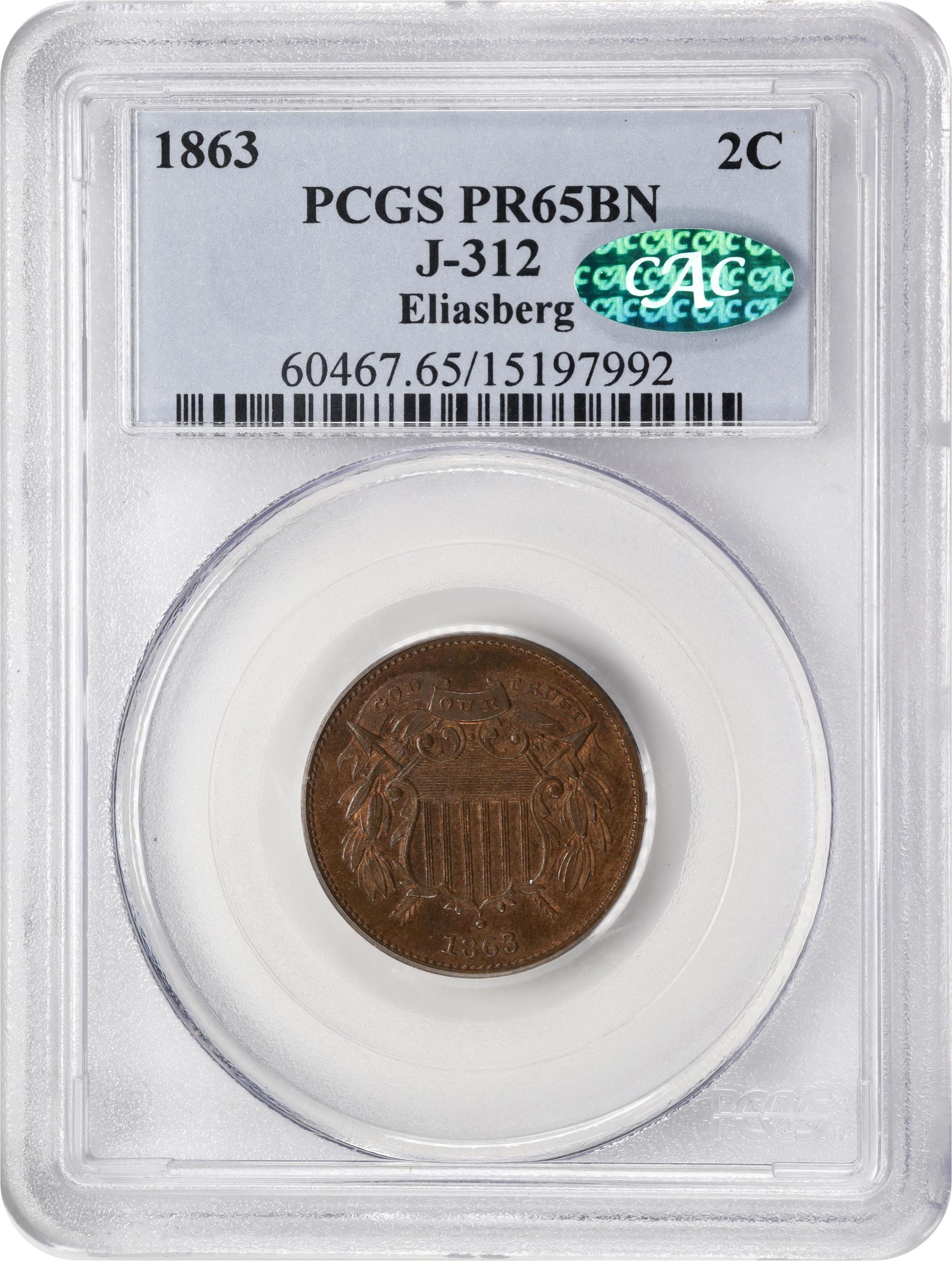 image for: 1863 Pattern Two-Cent Piece. Judd-312, Pollock-377. Rarity-4. Bronze. Plain Edge. Proof-65 BN (PCGS). CAC.