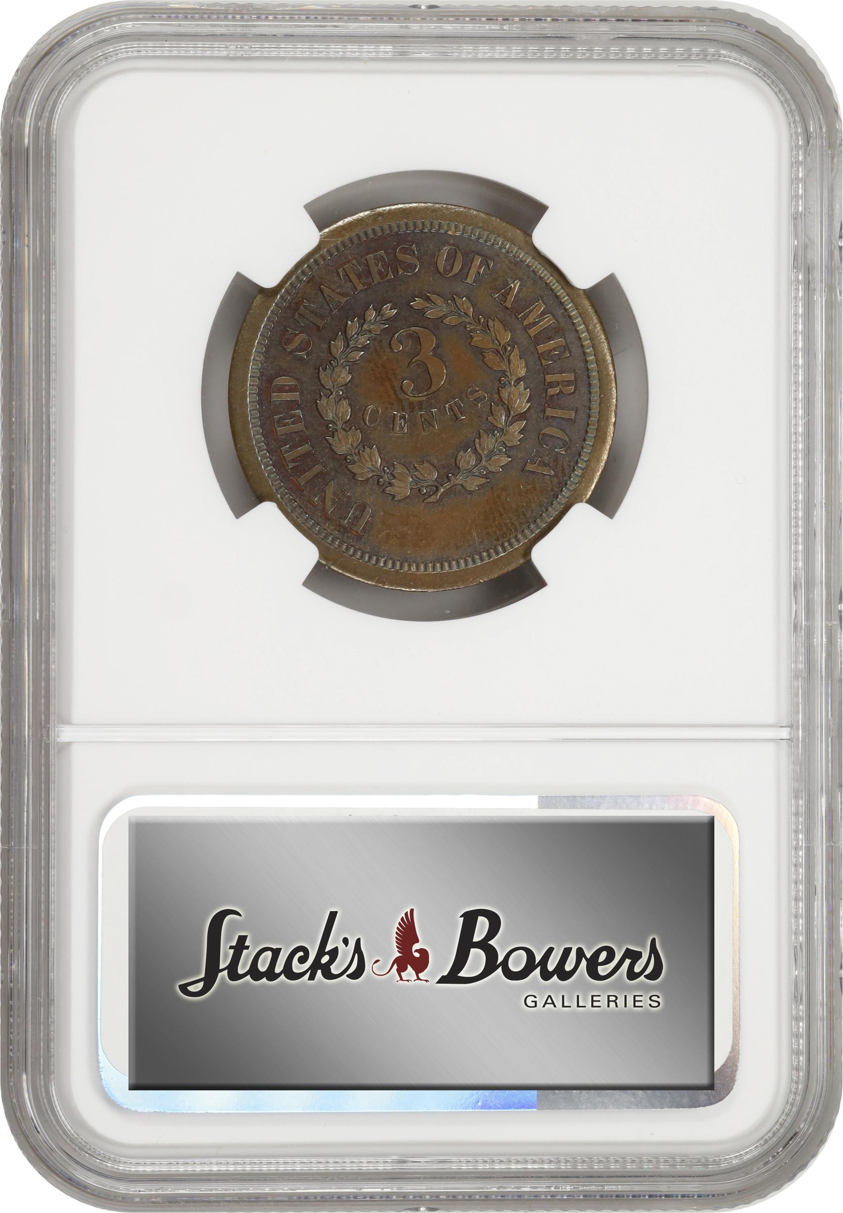 image for: 1863 Pattern Three-Cent Piece. Judd-319, Pollock-384. Rarity-5. Bronze. Plain Edge. Proof-64 BN (NGC).