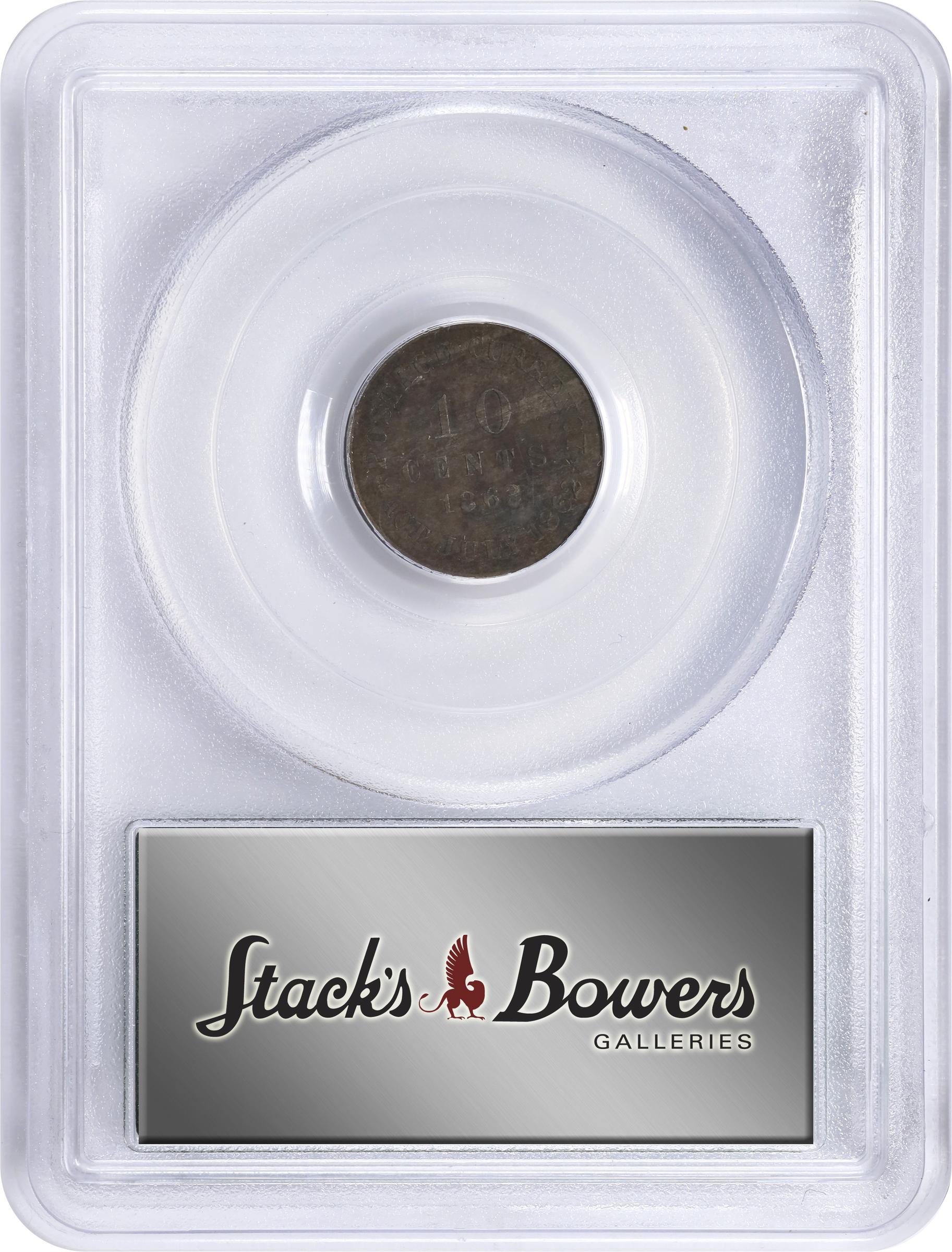 image for: 1863 Pattern Postage Currency Dime. Judd-326a, Pollock-394. Rarity-6+. Billon. Plain Edge. Proof-64 (PCGS). OGH.