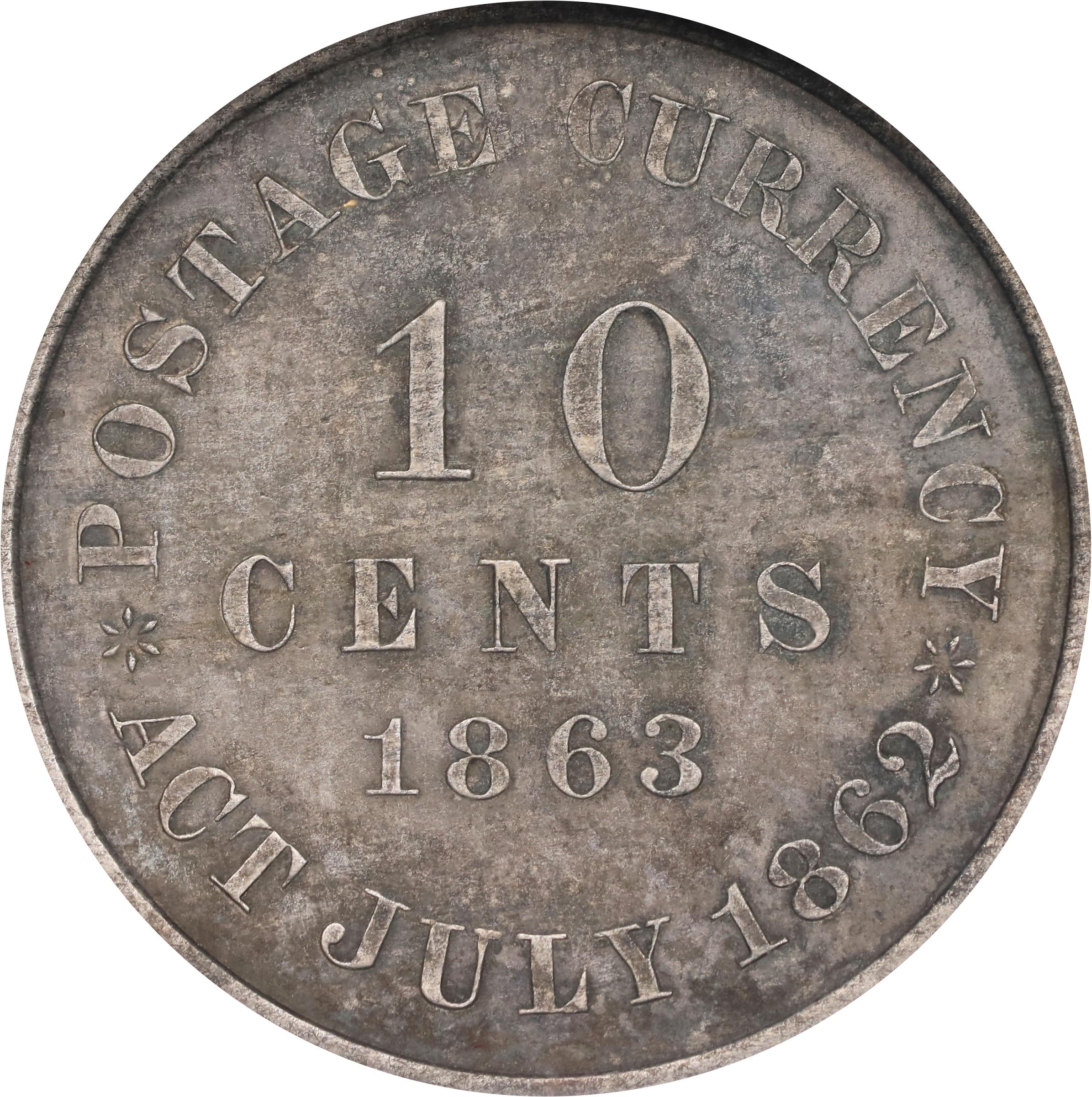 image for: 1863 Pattern Postage Currency Dime. Judd-326a, Pollock-394. Rarity-6+. Billon. Plain Edge. Proof-64 (NGC).