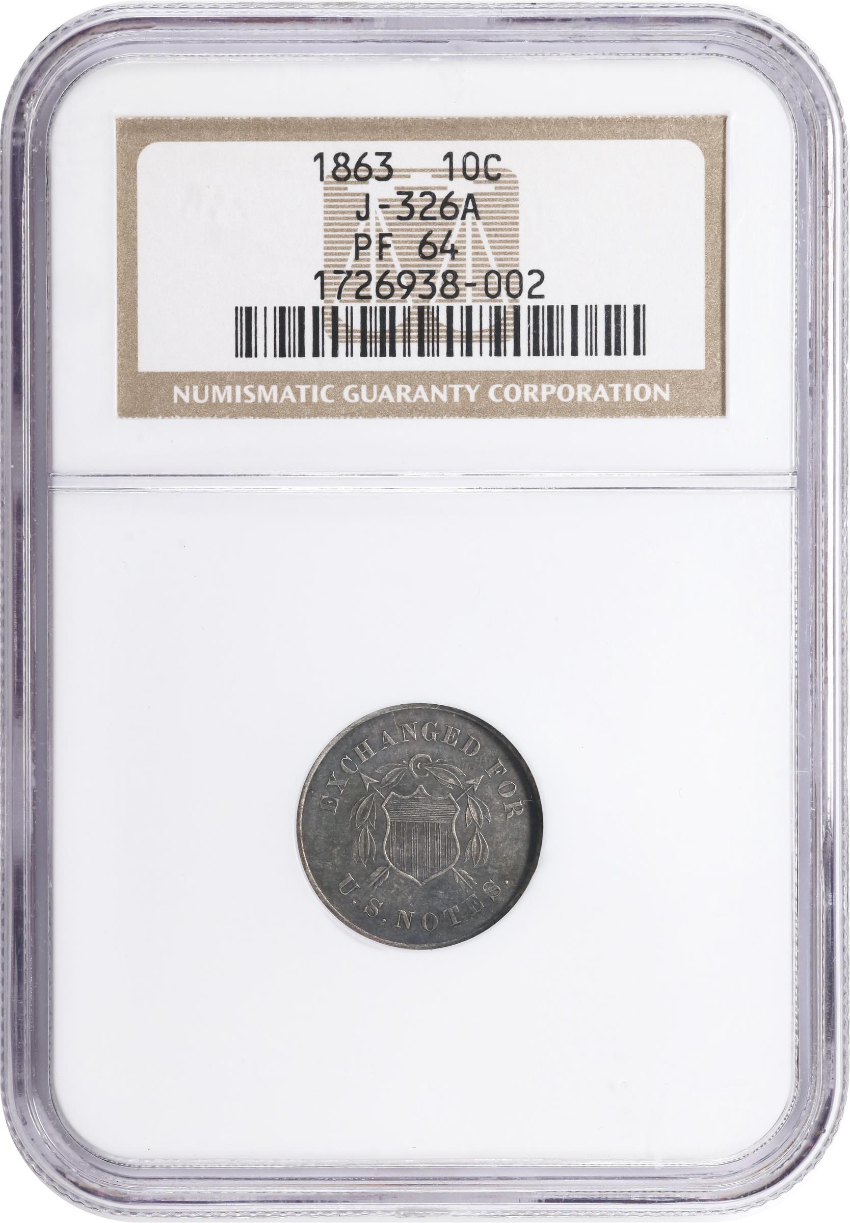 image for: 1863 Pattern Postage Currency Dime. Judd-326a, Pollock-394. Rarity-6+. Billon. Plain Edge. Proof-64 (NGC).