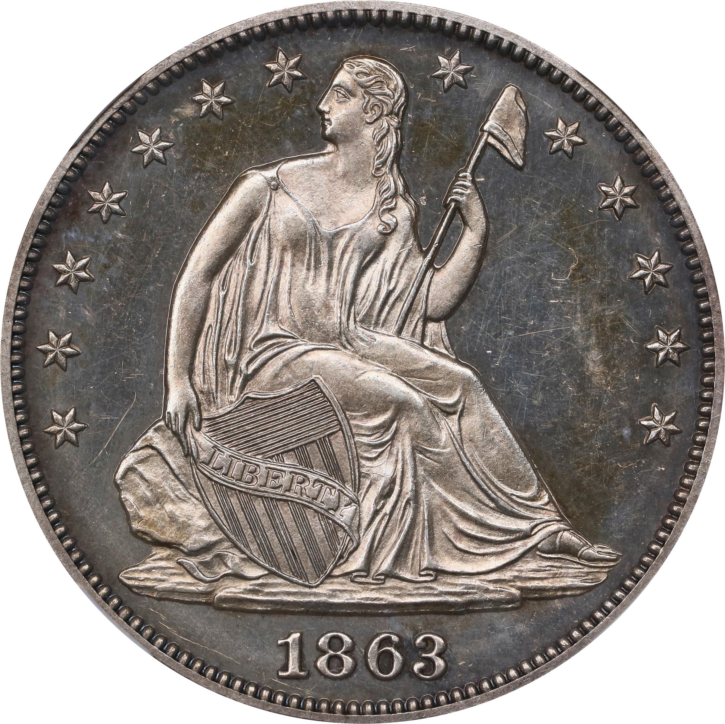 image for: 1863 Pattern Liberty Seated Half Dollar. Judd-340, Pollock-412. Rarity-6-. Silver. Reeded Edge. Proof-63 Cameo (NGC).