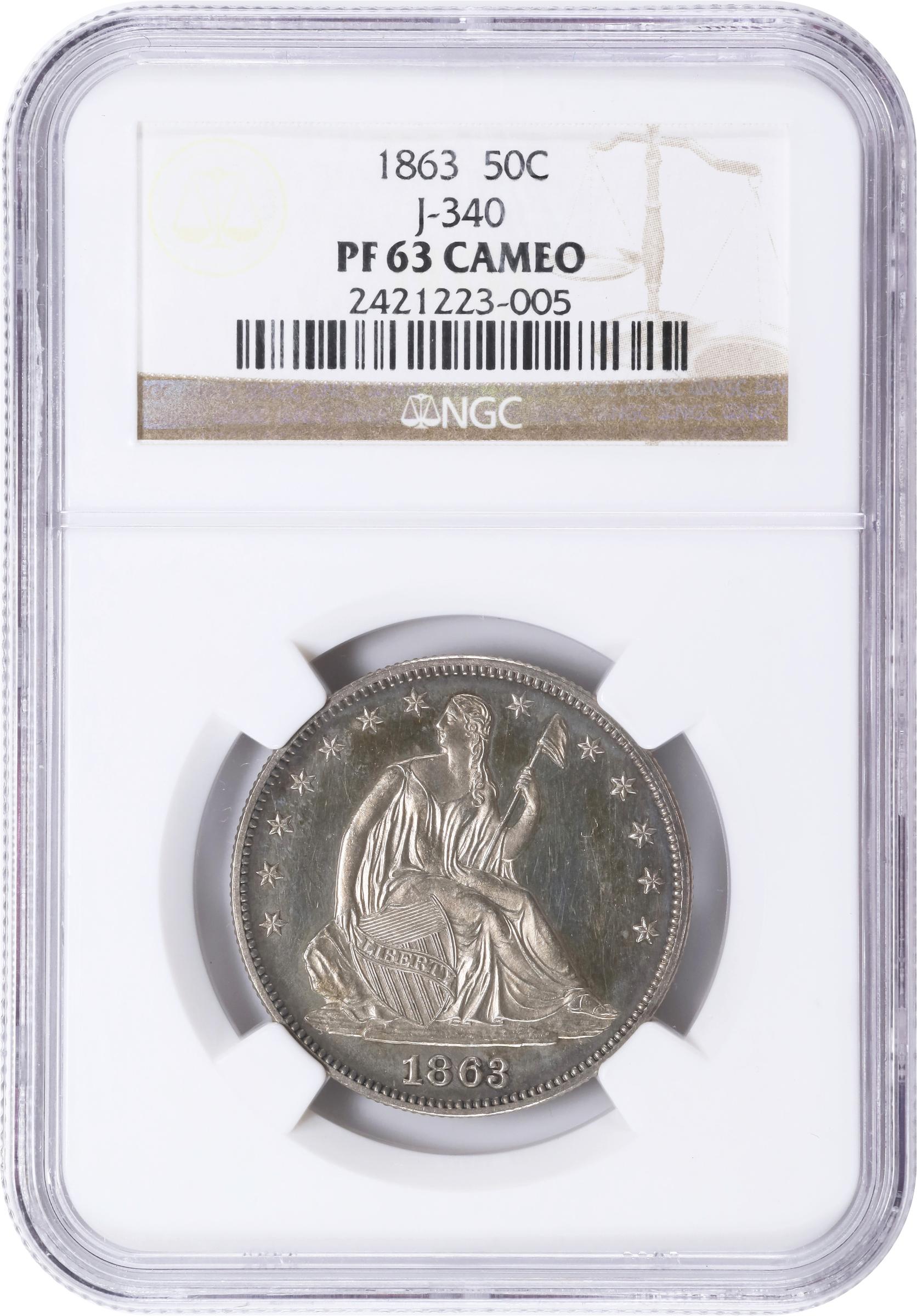 image for: 1863 Pattern Liberty Seated Half Dollar. Judd-340, Pollock-412. Rarity-6-. Silver. Reeded Edge. Proof-63 Cameo (NGC).